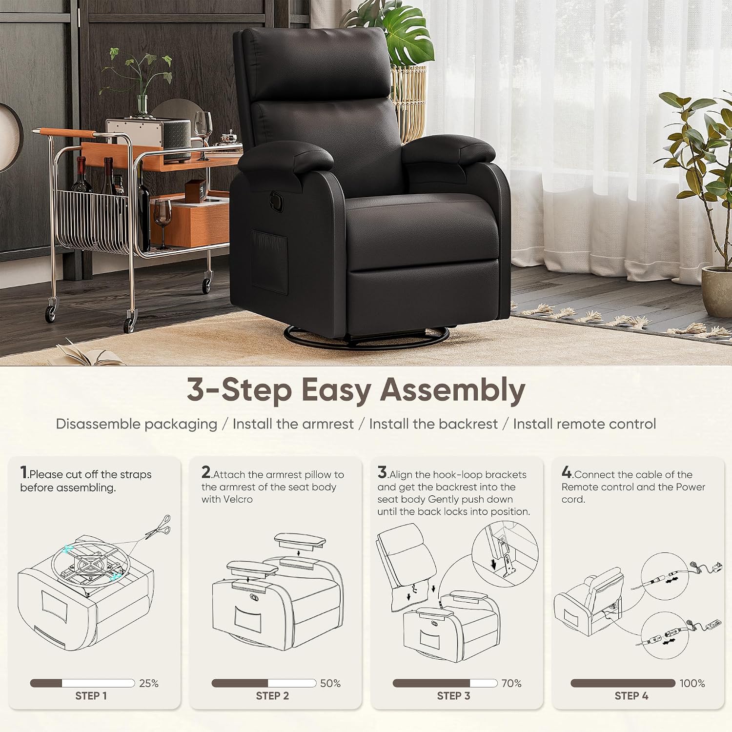 Homall Recliner Chair, 360 Swivel Rocking Chair for Adults, Massage Nursery Chair with Adjustable Backrest and Footrest, PU Leather Glider Rocker Recliners with Side Pocket for Living Room (Black)