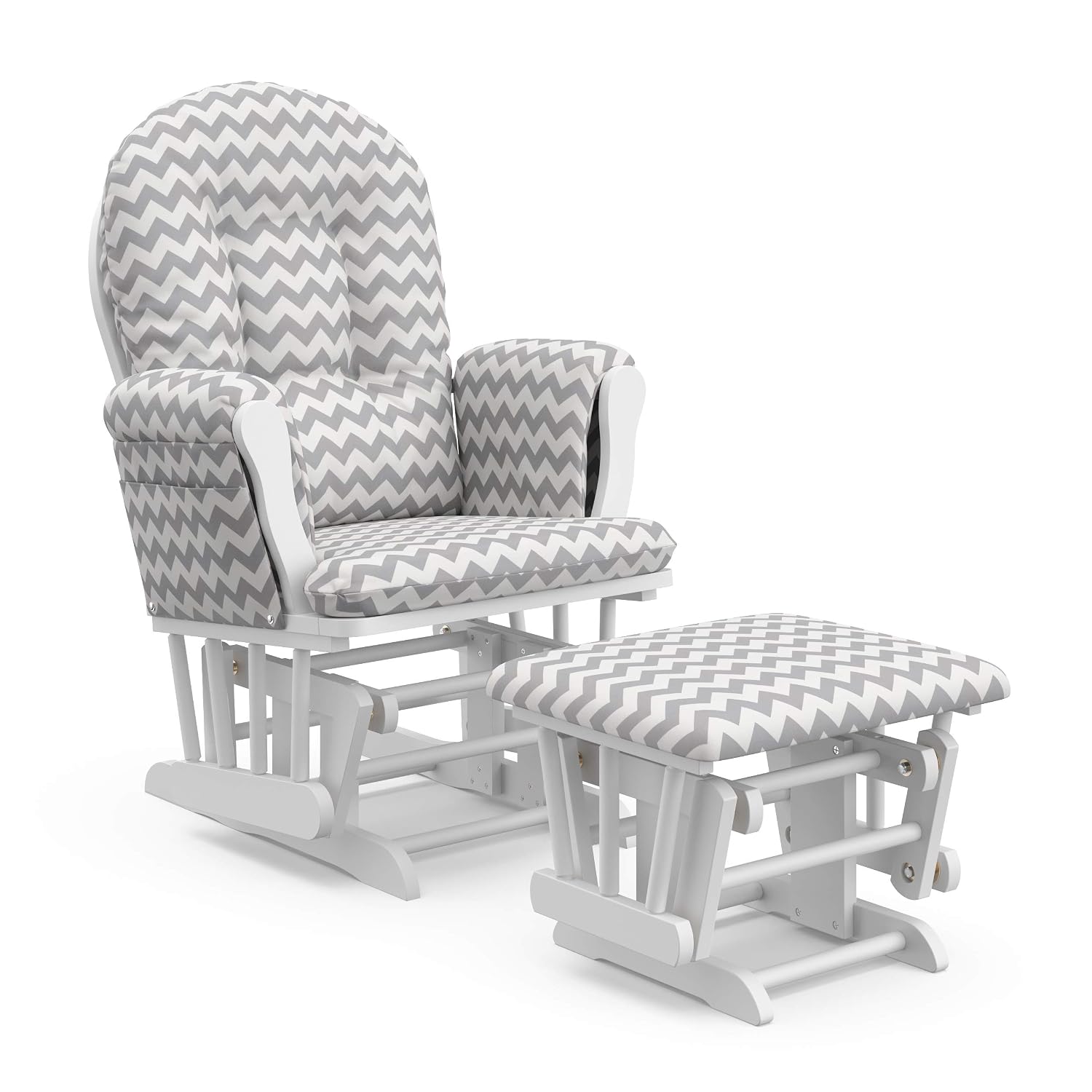 Storkcraft Premium Hoop Glider & Ottoman (White/Gray Chevron) — GREENGUARD Gold Certified Nursery Glider, Solid Wood Craftsmanship, Smooth-Gliding Nursery Chair and Ottoman, Award-Winning