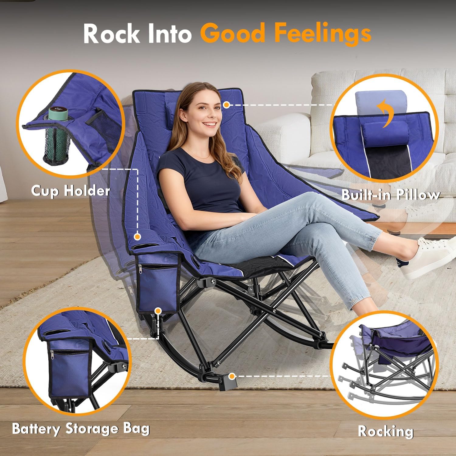 Slendor Oversized Heated Camping Chair with 2000mAh Battery, Padded & Pillow Heated Rocking Chair, 3 Adjustable Heat Settings Camping Rocker Chair for Easy Setup and Foldable Storage