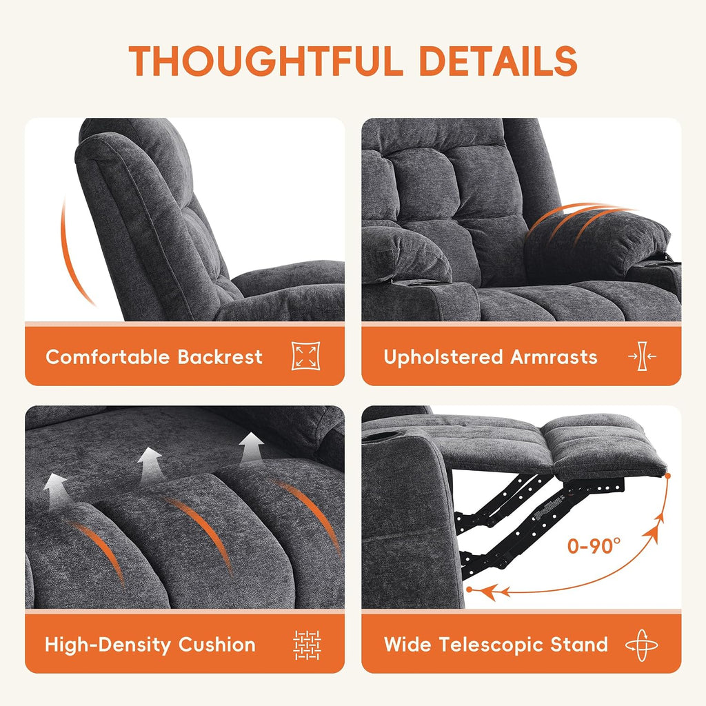 Ketaiyou Power Swivel Rocker Recliner Chair for Adults with Massage and Heat, USB and Type-C Ports, Infinite Position, Electric Glider Reclining Single Sofa Chair for Living Room (Dk Gray)