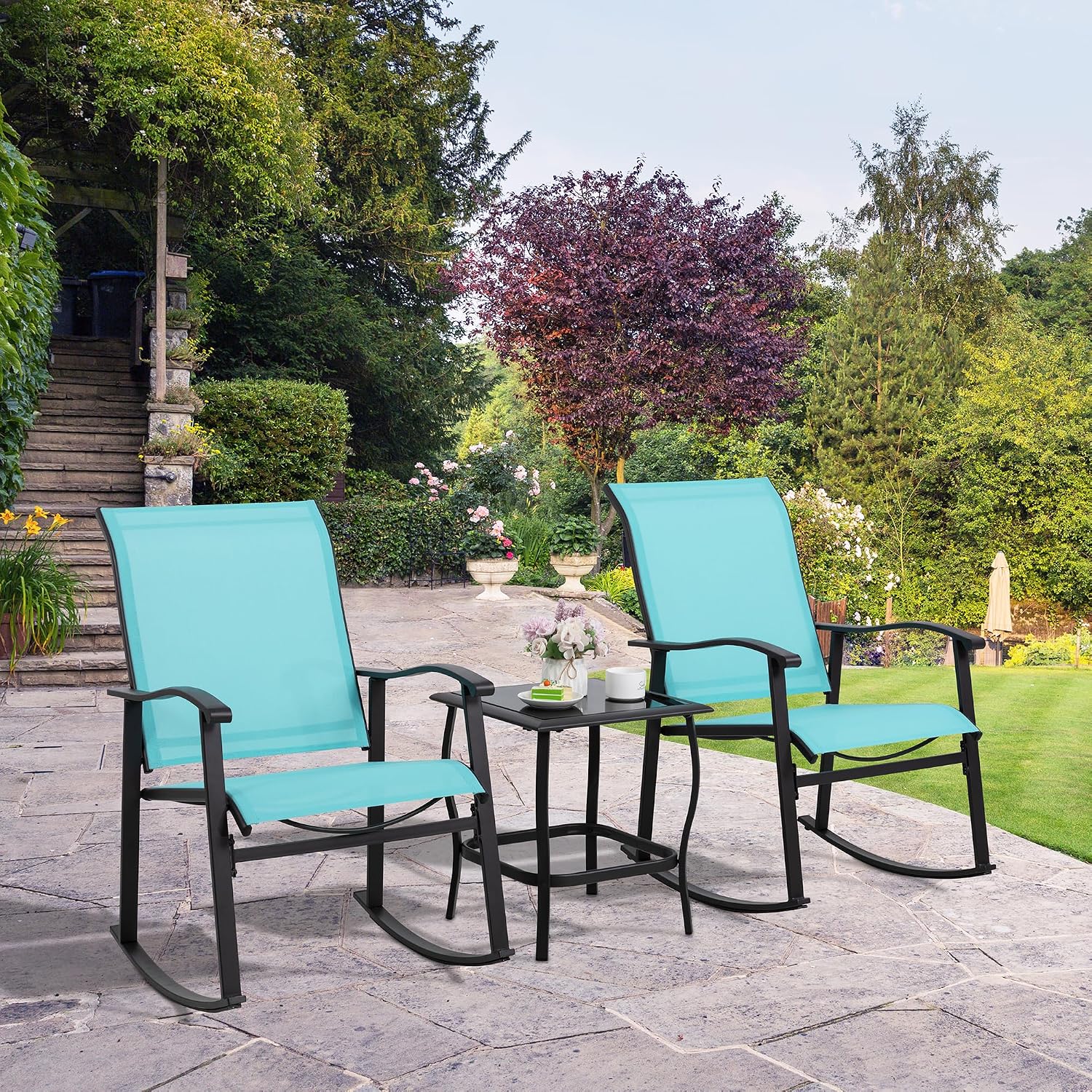 Shintenchi 3 Piece Rocking Bistro Set, Outdoor Furniture with Rocker Chairs and Glass Coffee Table Set of 3, Balcony, Porch Furniture for Small Space, Blue
