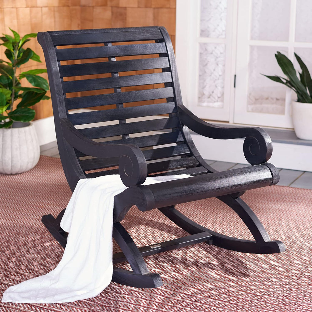 SAFAVIEH Outdoor - Sonora Rocking Chair - Black - Solid Wood - Transitional British Slatted Design - Ideal for Patio, Deck, Porch, Backyard, 17.7' Seat Height (PAT7016D)
