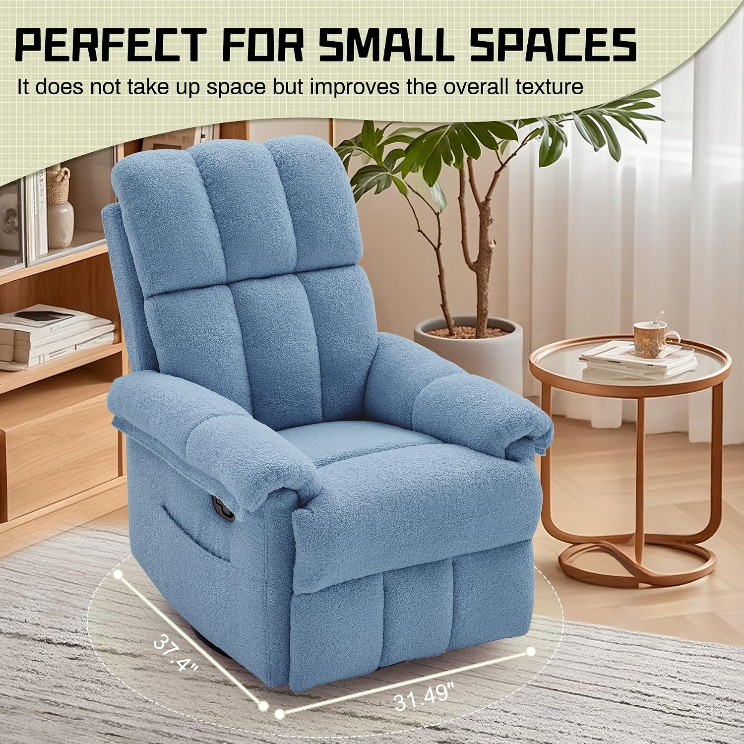 Korser Recliner Chair, Swivel Rocker Recliner Chair for Adults, Small Recliners for Small Spaces, Manual Recliner with Side Pockets, Upholstered Nursery Rocking Chair for Living Room, Sherpa, Blue