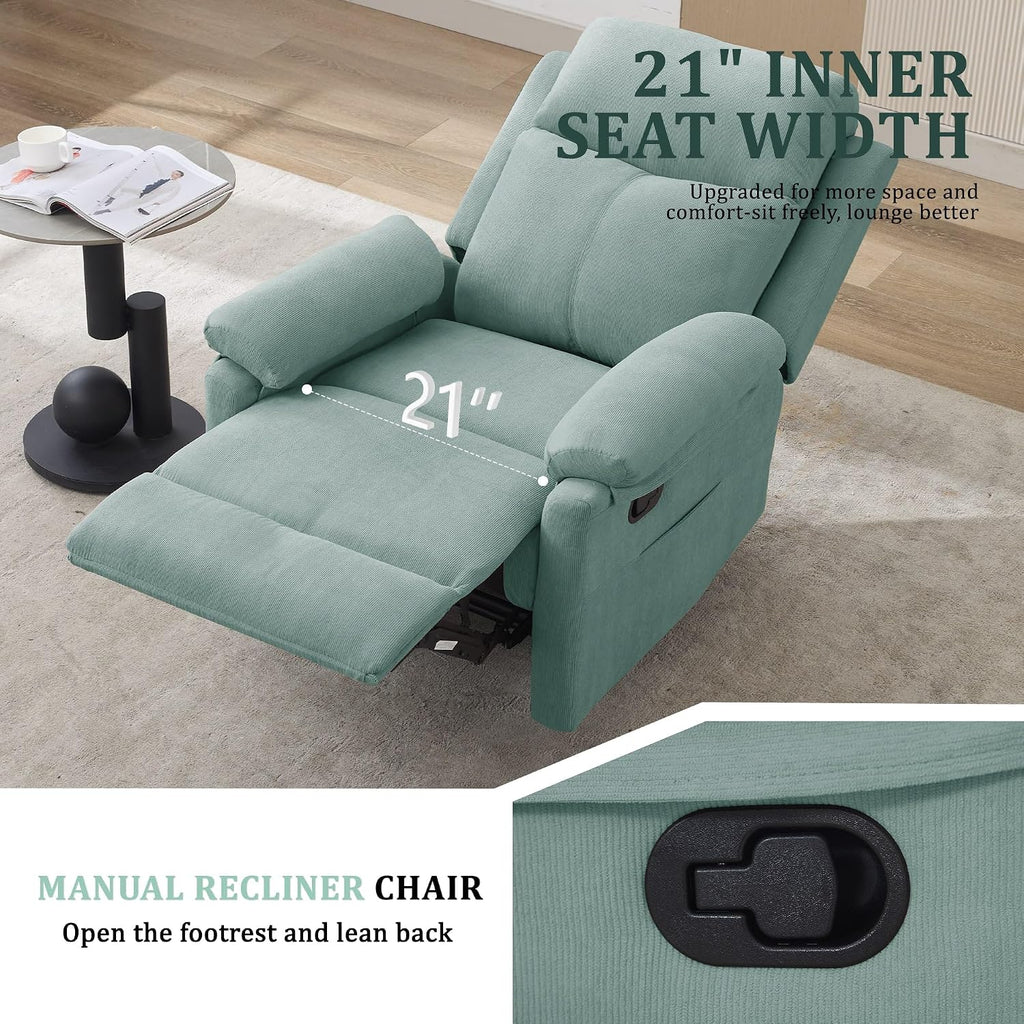Korser Recliner Chair, Manual Recliner for Adults with Side Pocket, Small Recliners for Small Spaces, Adjustable Comfy Overstuffed Corduroy Reclining Chairs for Living Room, Reading, Bedroom, Teal