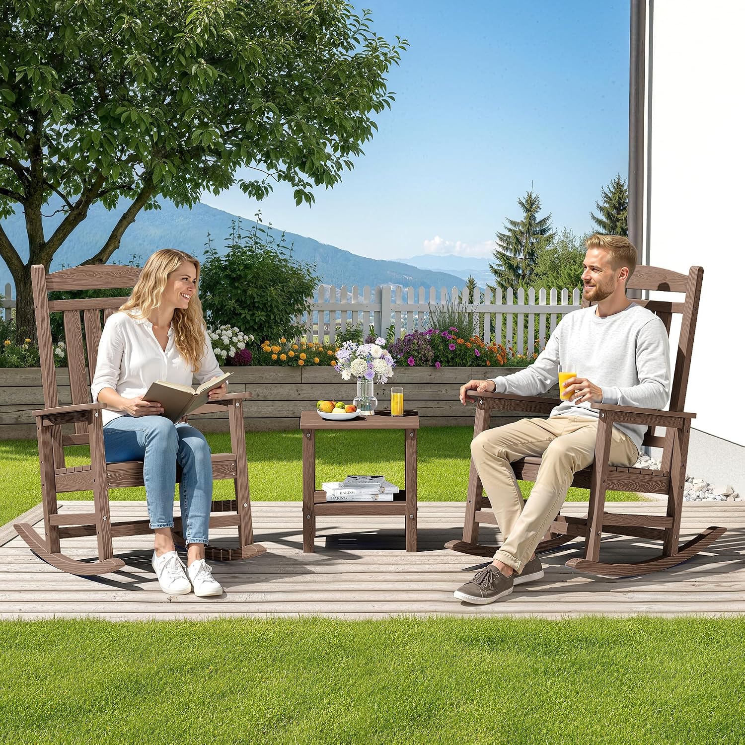 SERWALL Oversized HDPE Outdoor Rocking Chair Set of 2, Patio Rocking Chairs, All-Weather Porch Rockers for Adults, Brown
