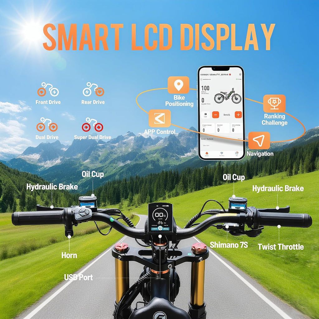 2026 eAhora Romeo Pro 3 Electric Bike for Adult, Peak 5600W Dual Motor, 50mph, 60V 80Ah Battery, 250 Miles Long Range, 26'*4.0 Fat Tire, Air Suspension, App, Commute, Delivery, All-terrian