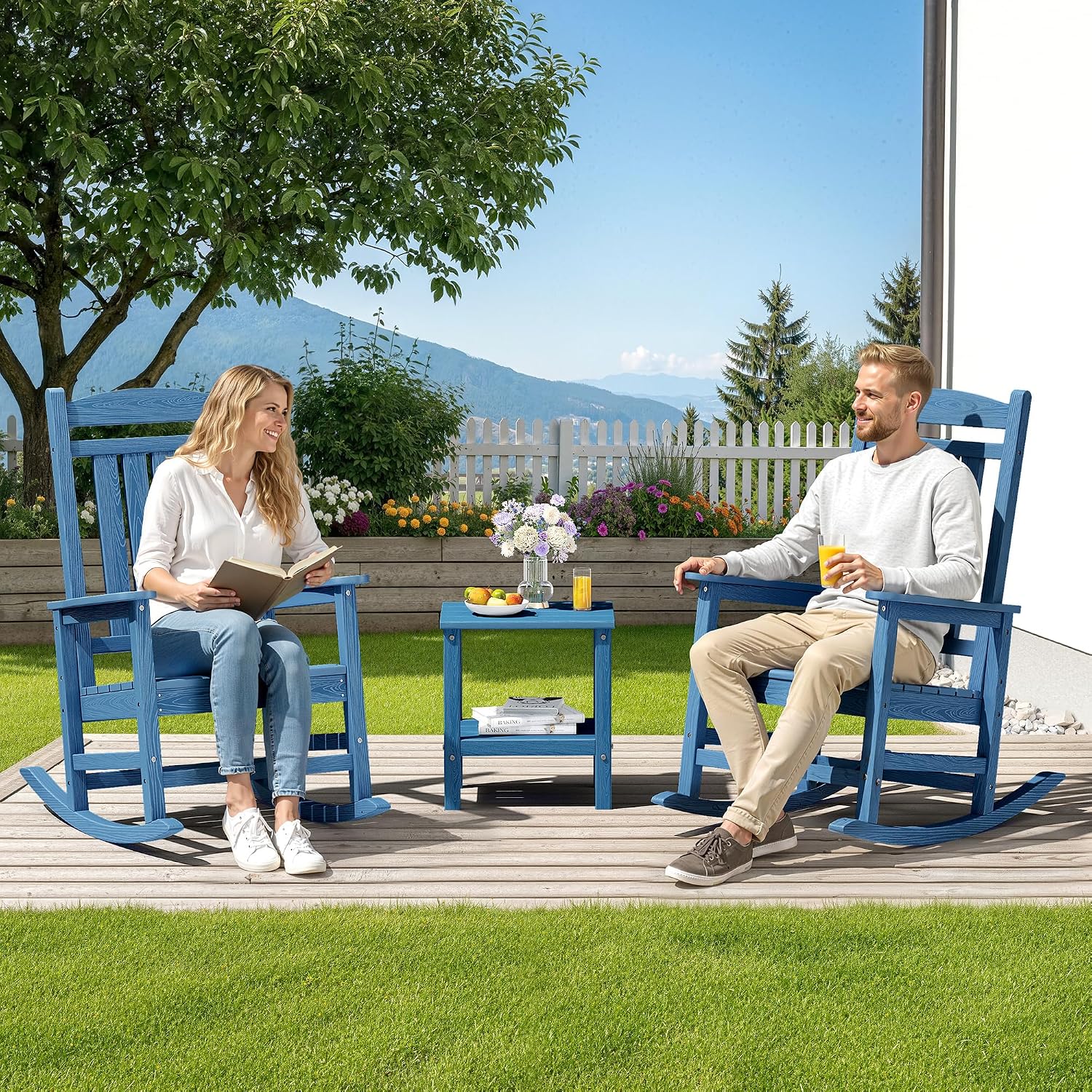 SERWALL Oversized Rocking Chairs Set of 2, HDPE Outdoor Rocking Chair, All-Weather Porch Rockers for Patio, Blue