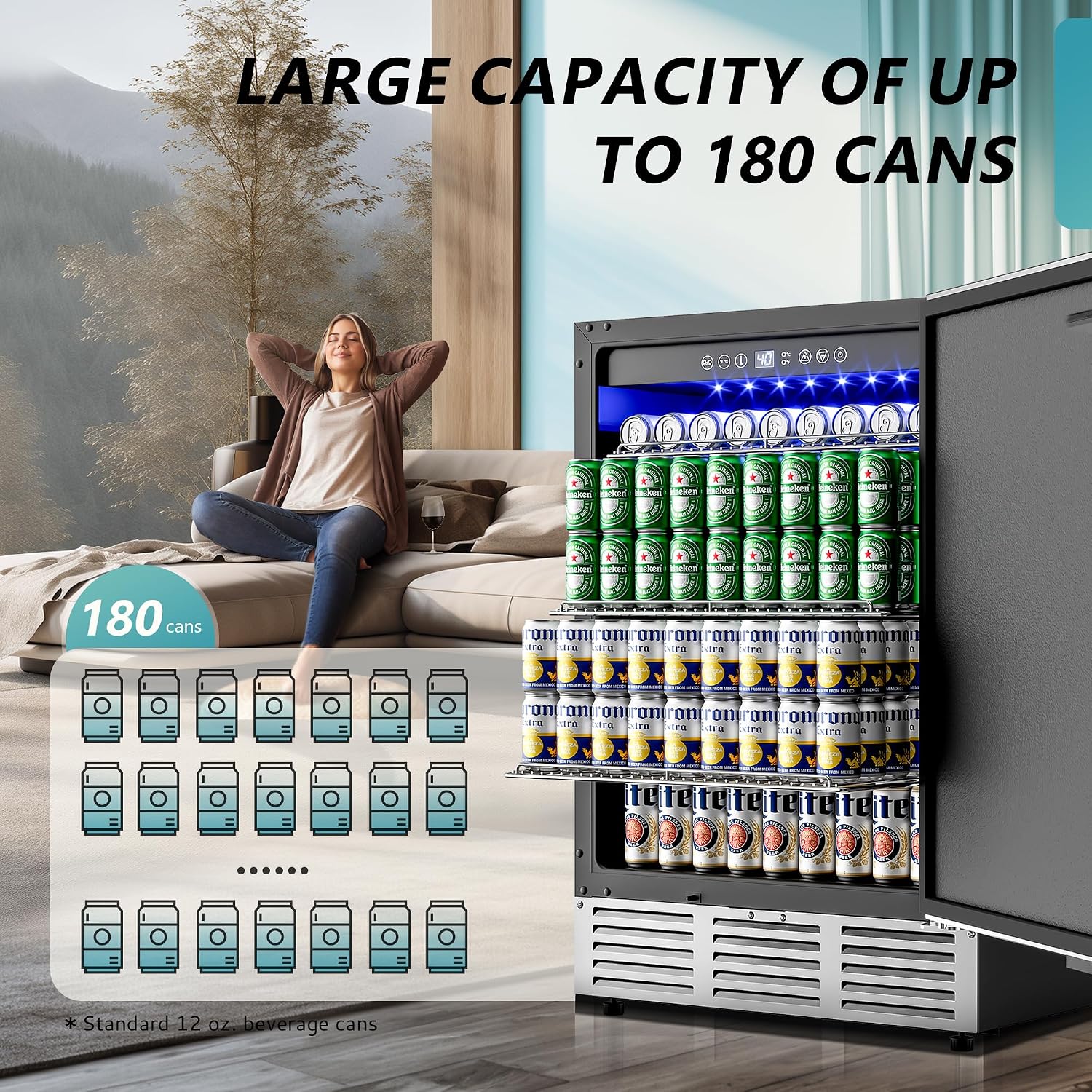 EUHOMY 24 Inch Beverage Refrigerator, Built-in and Freestanding Beverage Cooler 180 Can, Under Counter Beverage Fridge with Stainless Steel Door, Outdoor Refrigerator for Soda, Beer, Wine