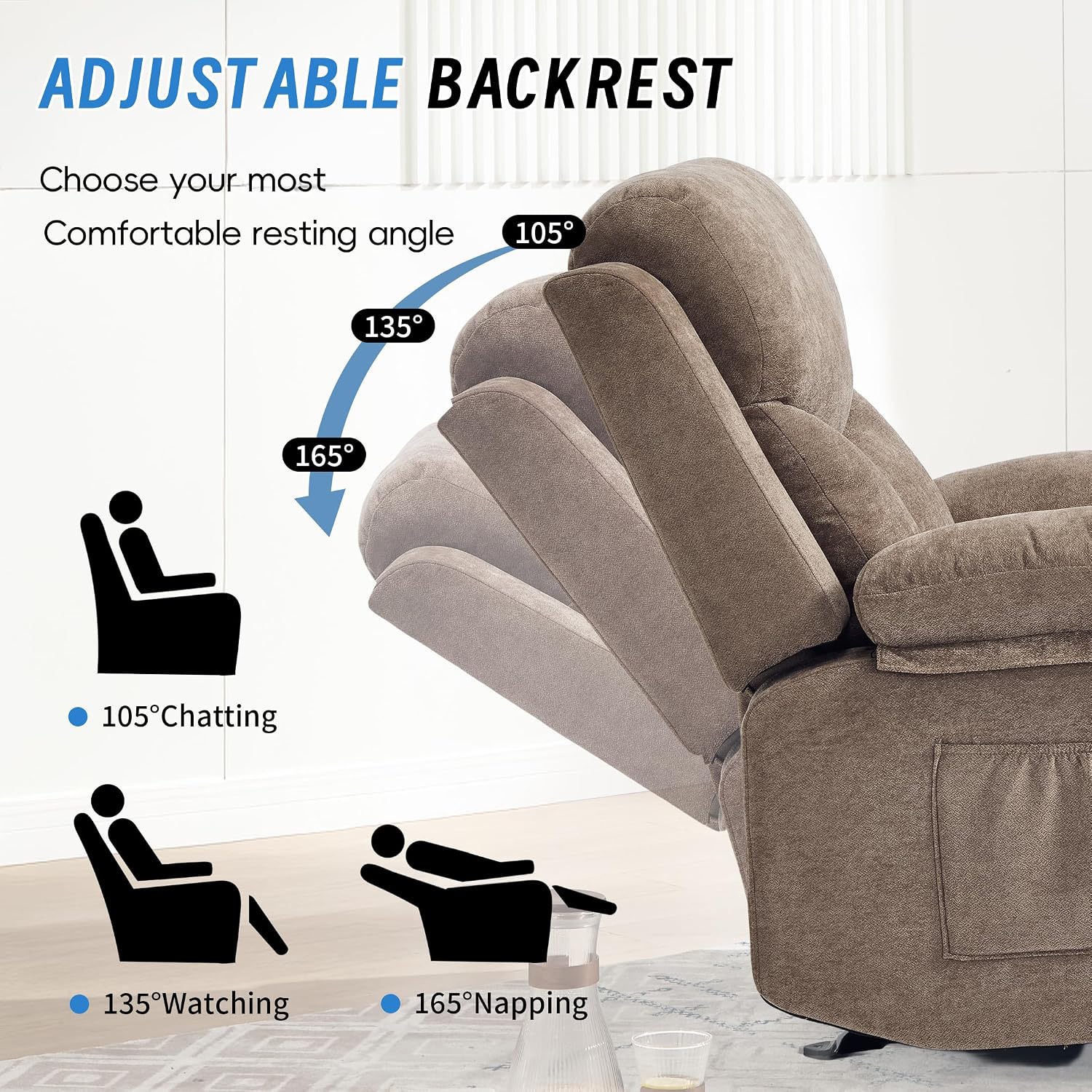 Manual Rocker Recliner Chair for Adults with Vibration Massage,Glider Rocking Recliner for Living Room Bedroom Nursery, Overstuffed Reclining Sofa Chair with Pockets and Cup Holds,Coffee