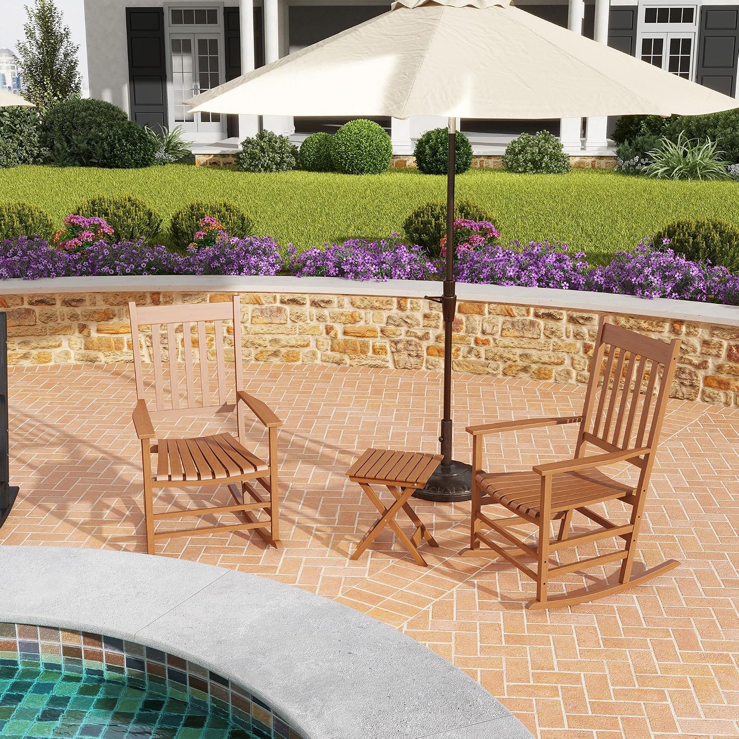 Outsunny Outdoor Rocking Chair Set of 2 with Side Table, Patio Wooden Rocking Chair with Smooth Armrests, High Back for Garden, Balcony, Porch, Supports Up to 352 lbs, Teak