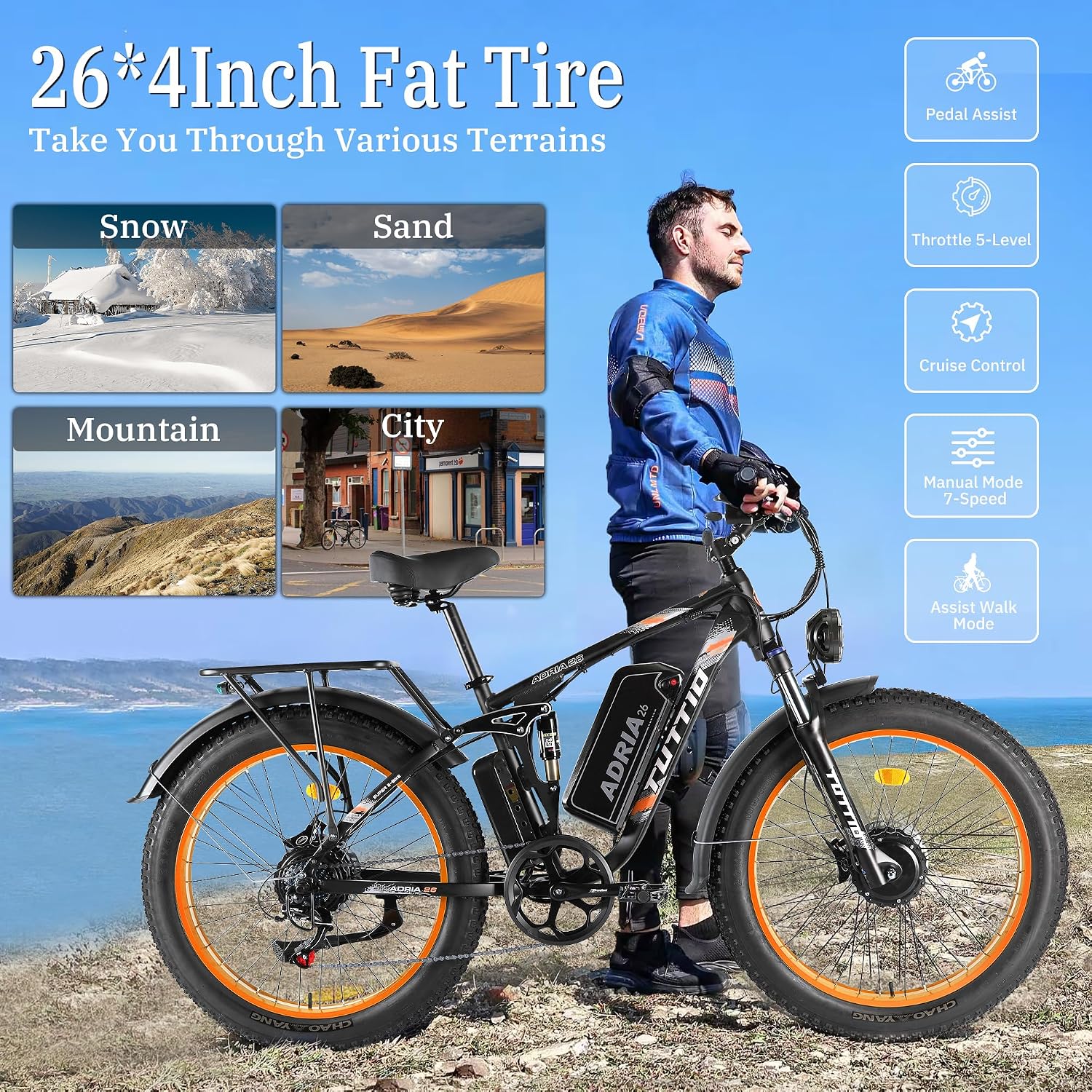 TUTTIO Adria26 5000W/6000W Dual Motor Ebike, 40-46MPH Electric Bike for Adults, 26' x 4' Fat Tire Electric Mountain Bike, 52V 25AH E-Bike Full Suspension Electric Dirt Bike for Off-Road Hunting