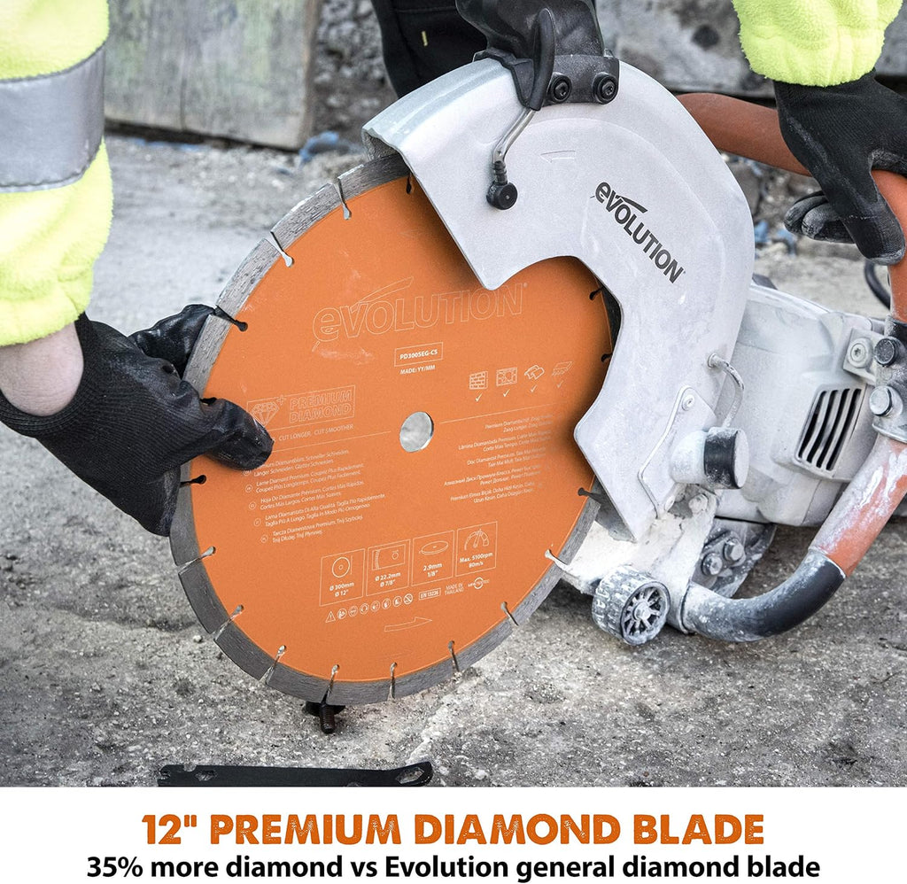 Evolution R12DCT 12 Inch Concrete Saw with Water Fed Dust Suppression (Aka Angle Grinder, Cut Off Saw, Masonry) Electric, No Gas, 4-1/2' Cut - Incl Premium Diamond Blade (Formerly R300DCT+)