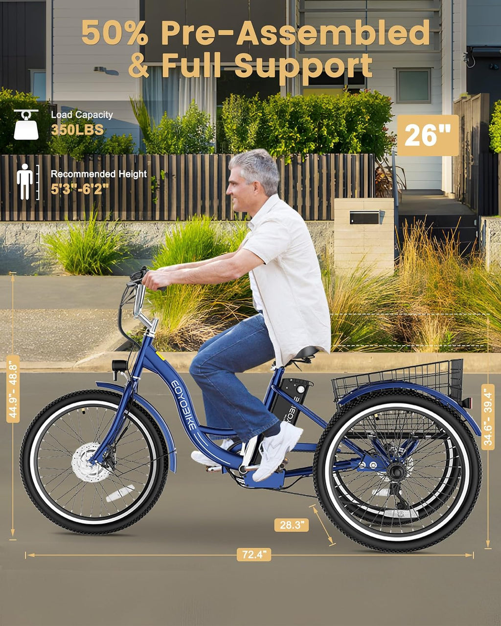 MOONCOOL Electric Tricycle for Adults, 350W 36V Removable Battery, 7 Speeds 3 Wheels Electric Trikes with Large Basket Up to 60Miles