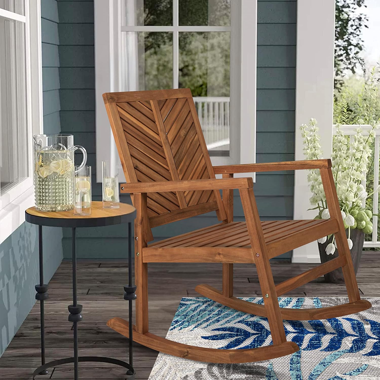 JONATHAN Y RCK100A Ned Modern Chevron-Back 300-Lbs Support Acacia Wood Patio Outdoor Rocking Chair for Garden, Lawn, Backyard, Pool, Deck, Beach, Firepit, Teak