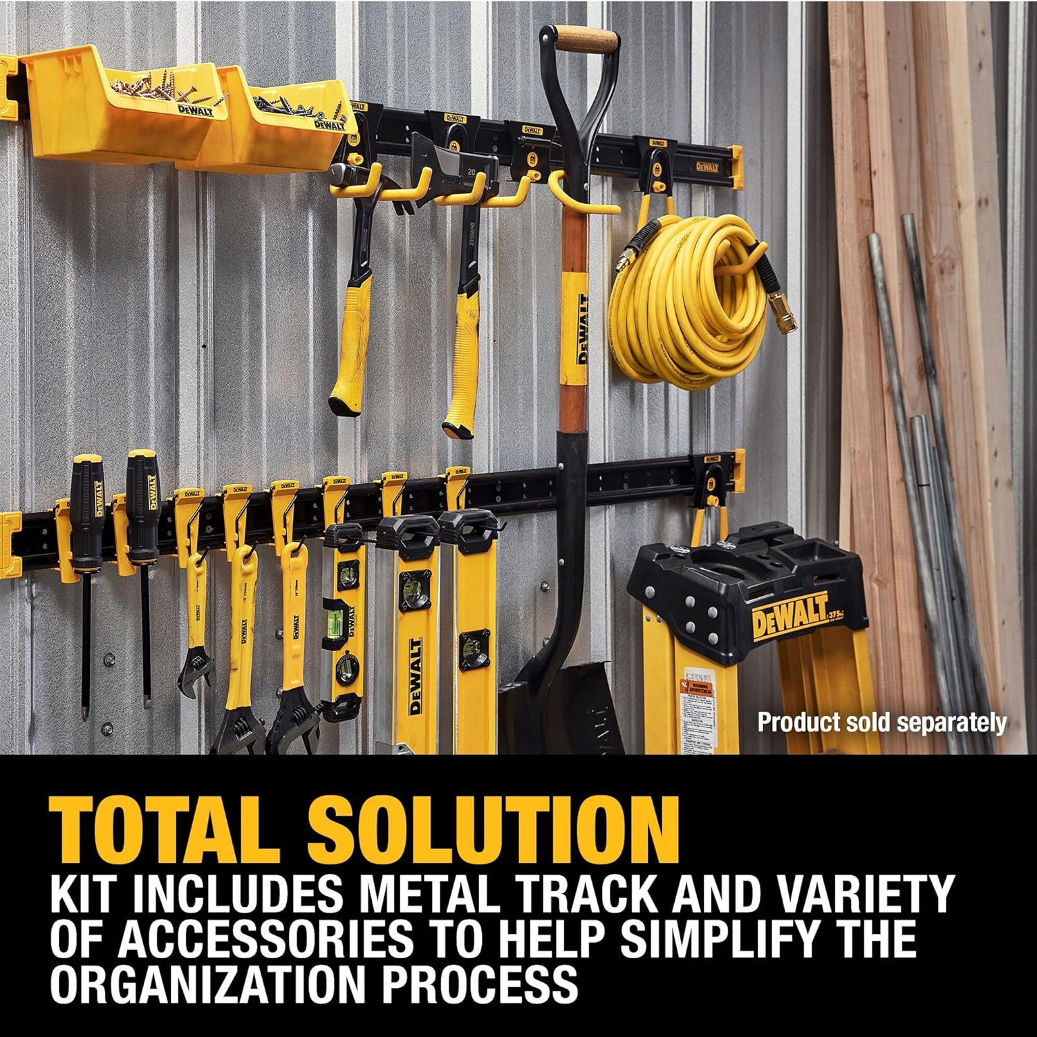 DEWALT Tool Organizer, 21 Piece Accessory Starter Kit, Includes 2 Metal Rails, 13 Hooks, and 2 Plastic Bins, DEWALT Workshop Storage System Compatible (DWST82801)