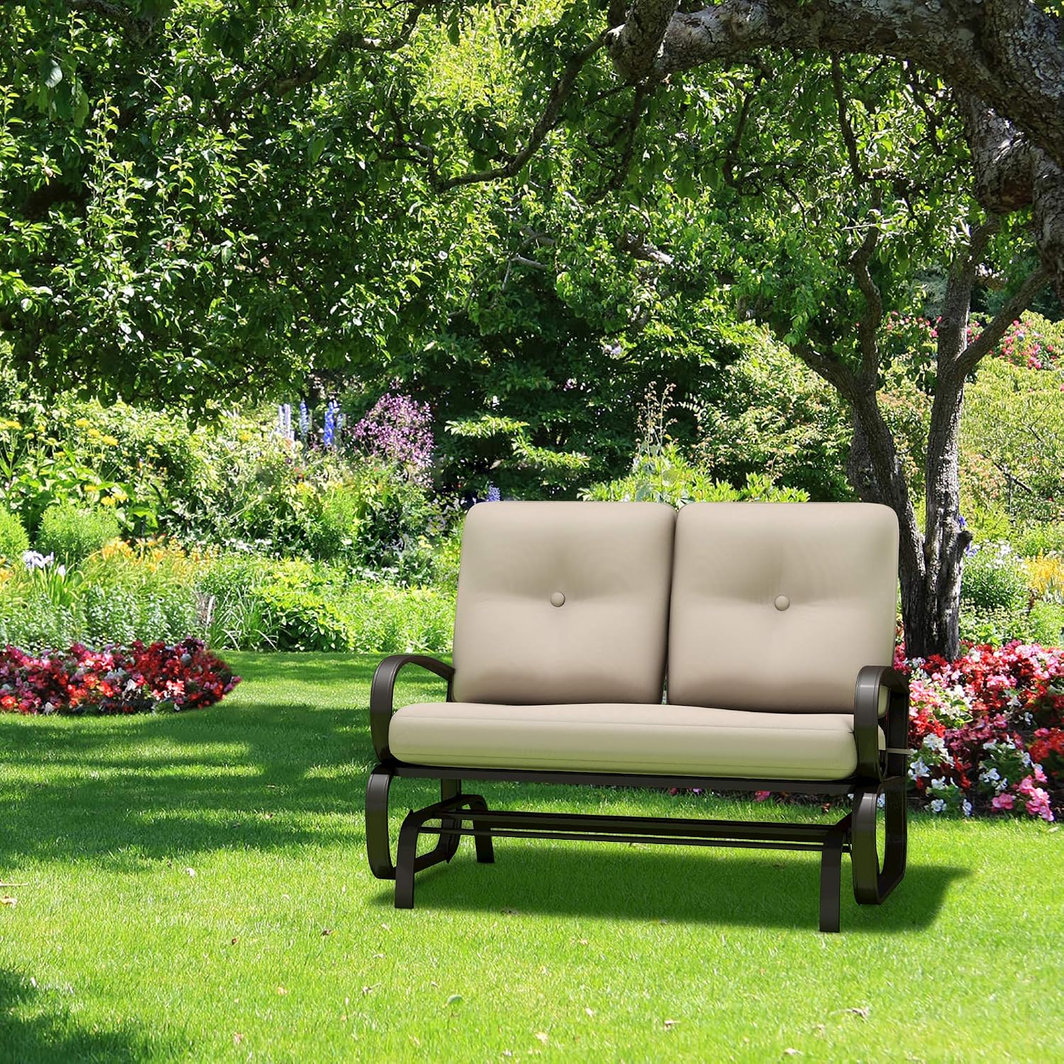 Giantex Outdoor Glider Bench, Patio 2 Person Loveseat with Removable Cushion, Thick Padded Seat, Stable Steel Frame, Outside Glider Swing Chair for Deck, Poolside, Yard, Balcony, Porch, Beige