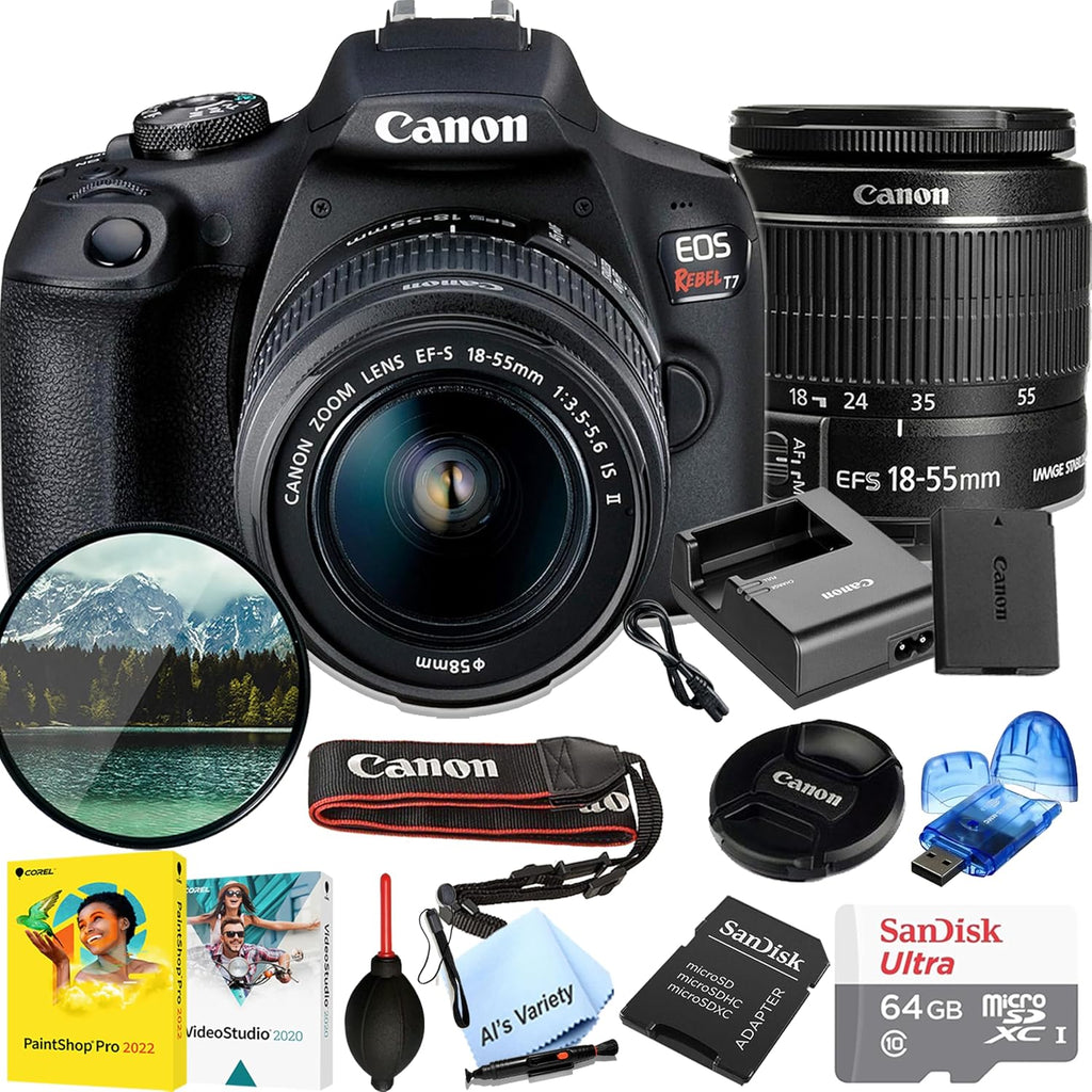 Canon EOS Rebel T7 DSLR Camera with 18-55mm f/3.5-5.6 Lens| 24.1MP APS-C CMOS Sensor | Full HD 1080/30 | DIGIC 4+ with, 64GB Memory, Filter, More (Renewed)