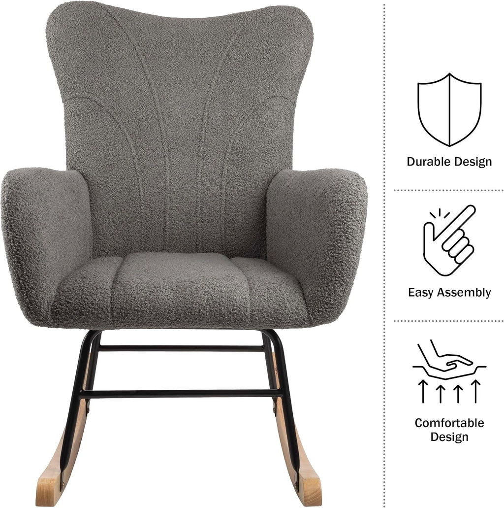 Rocking Chair - Teddy Fabric Upholstered Chair with Padded Seat and Contoured Armrests - Ergonomic Modern Rocker for Bedroom by Lavish Home (Gray)