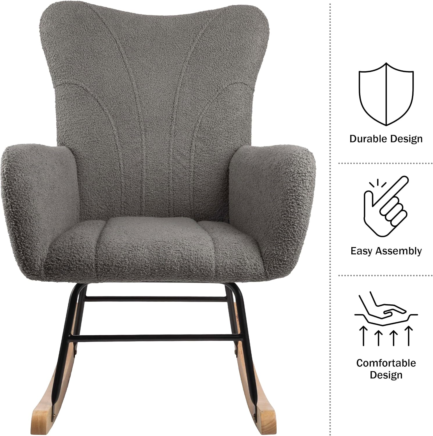Rocking Chair - Teddy Fabric Upholstered Chair with Padded Seat and Contoured Armrests - Ergonomic Modern Rocker for Bedroom by Lavish Home (Gray)