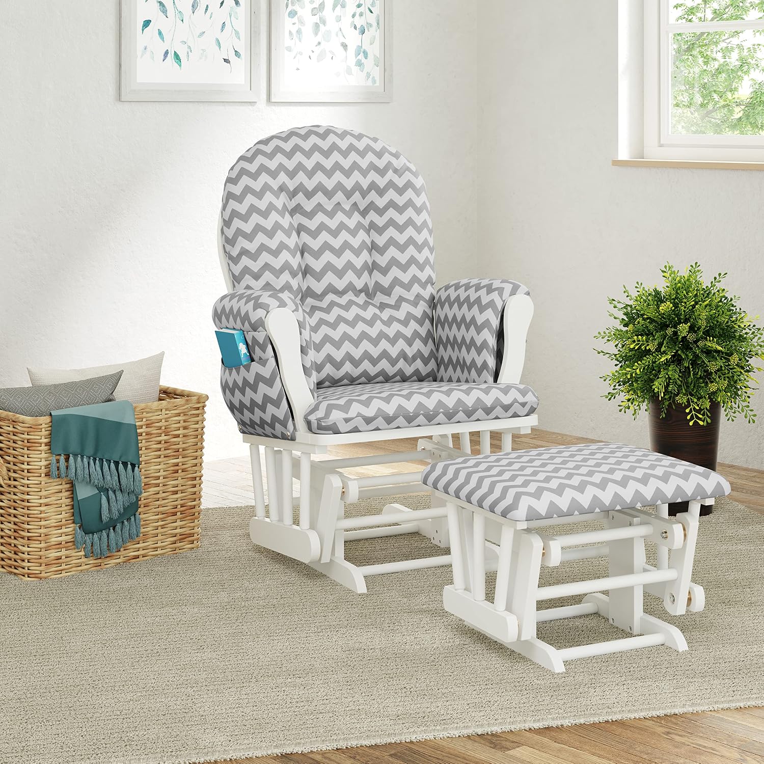 Storkcraft Premium Hoop Glider & Ottoman (White/Gray Chevron) — GREENGUARD Gold Certified Nursery Glider, Solid Wood Craftsmanship, Smooth-Gliding Nursery Chair and Ottoman, Award-Winning