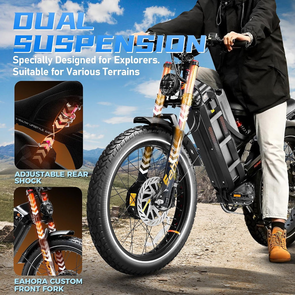 eAhora 2026 Romeo Pro 3/2 50-46Mph Electric Bike for Adults 5600W/4000W/2500W Dual Motor Ebike 60V/80Ah 52V/70Ah Long Range Fat Tire Full Suspension Electric Mountain Bicycle