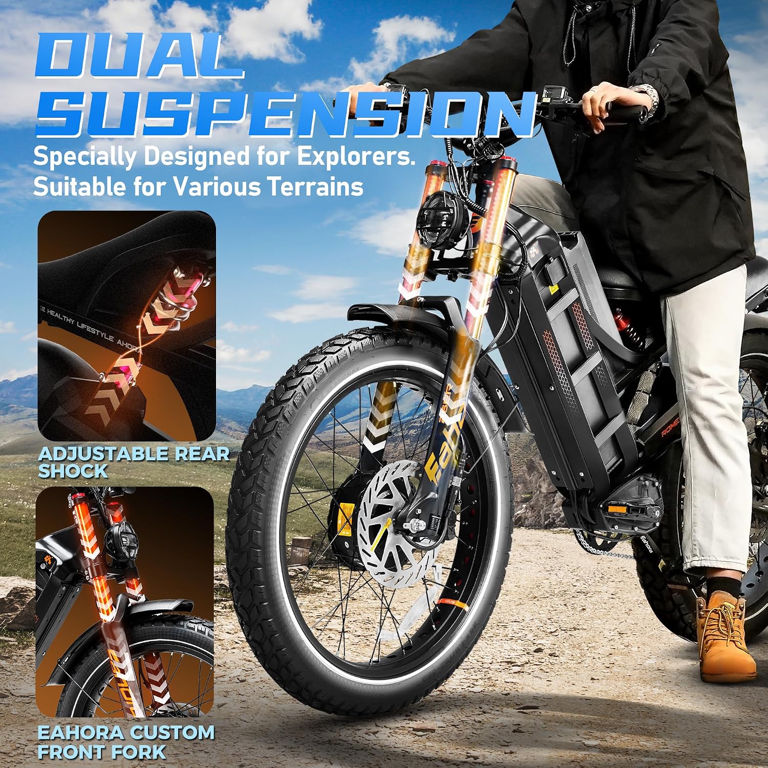eAhora 2026 Romeo Pro 3/2 50-46Mph Electric Bike for Adults 5600W/4000W/2500W Dual Motor Ebike 60V/80Ah 52V/70Ah Long Range Fat Tire Full Suspension Electric Mountain Bicycle