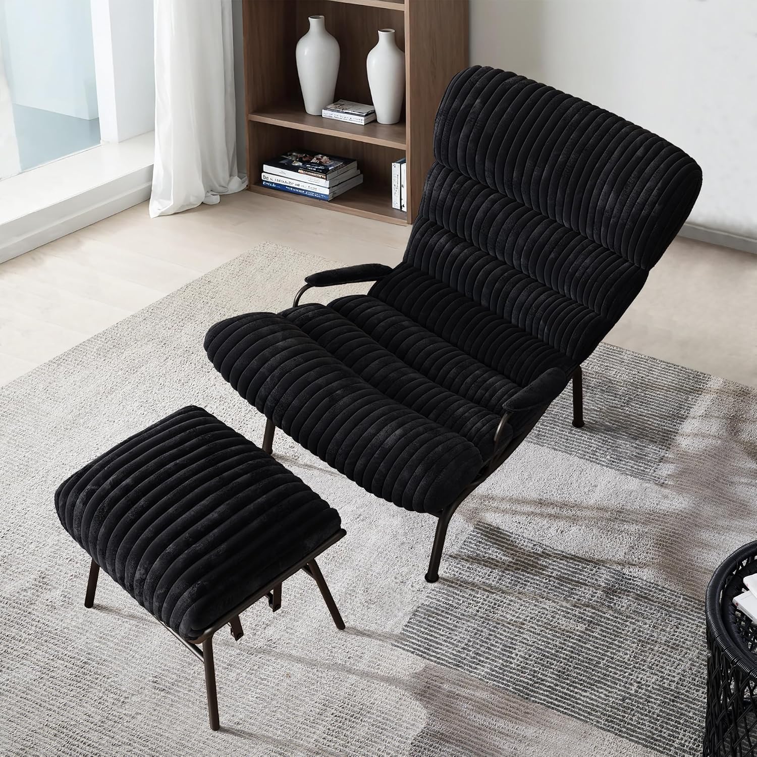 ovios Glider Rocking Chair with Ottoman, Mid-Century Modern Recliner Chair with Footrest, Comfy Gliding Rocker Lazy Accent Armchair for Living Room Bedroom, Cloud Plush Corduroy, Black