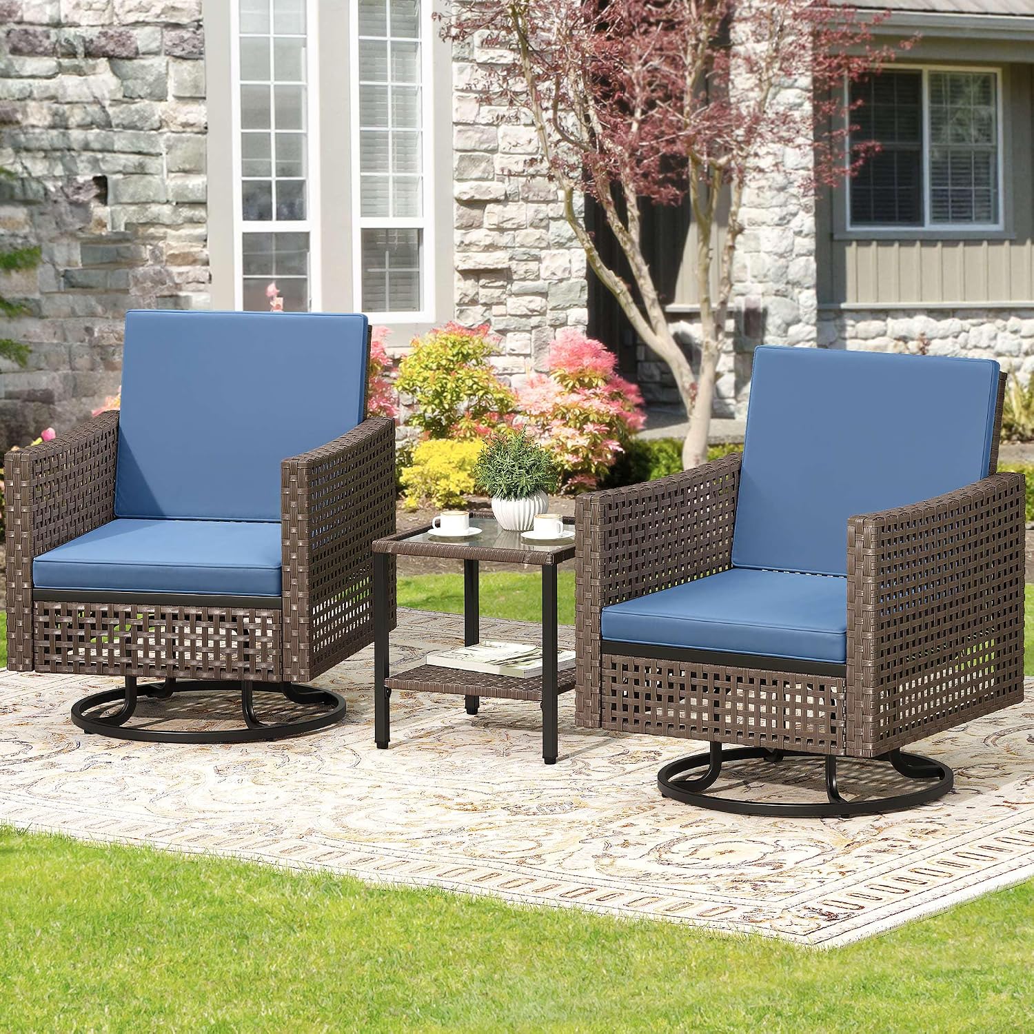 YITAHOME Outdoor Swivel Chair 3 Pieces, Wicker Patio Furniture, Porch Furniture, Swivel Wicker Patio Chairs with Rattan Side Table, Thickened Cushions for Porch, and Yard, Blue