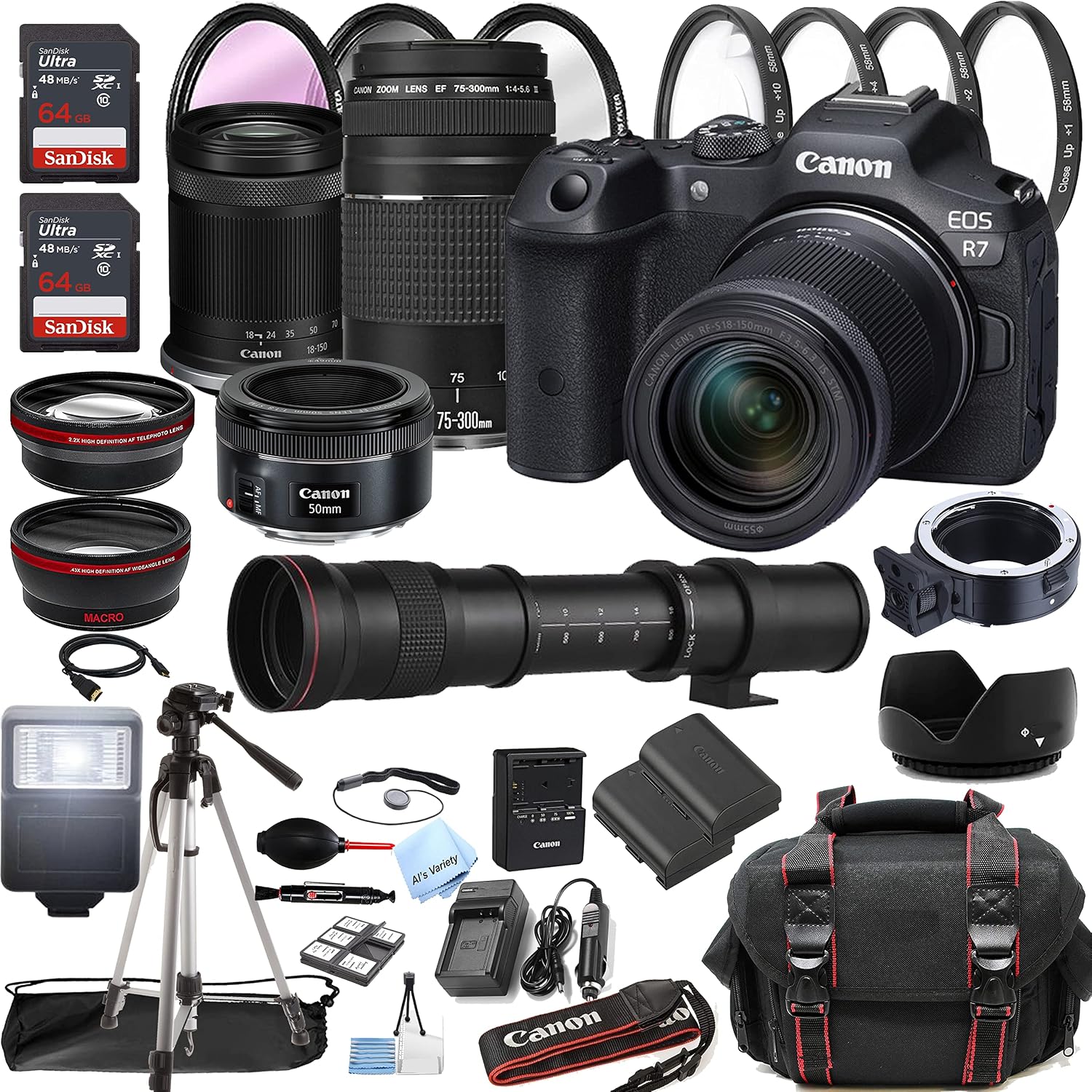 Canon EOS R7 Mirrorless Digital Camera with RF-S 18-150mm f/3.5-6.3 is STM Lens + 75-300mm F/4-5.6 III Lens + 50mm f/1.8 STM Lens + 128GB Memory + Case + Tripod + Filters (43pc Bundle) (Renewed)