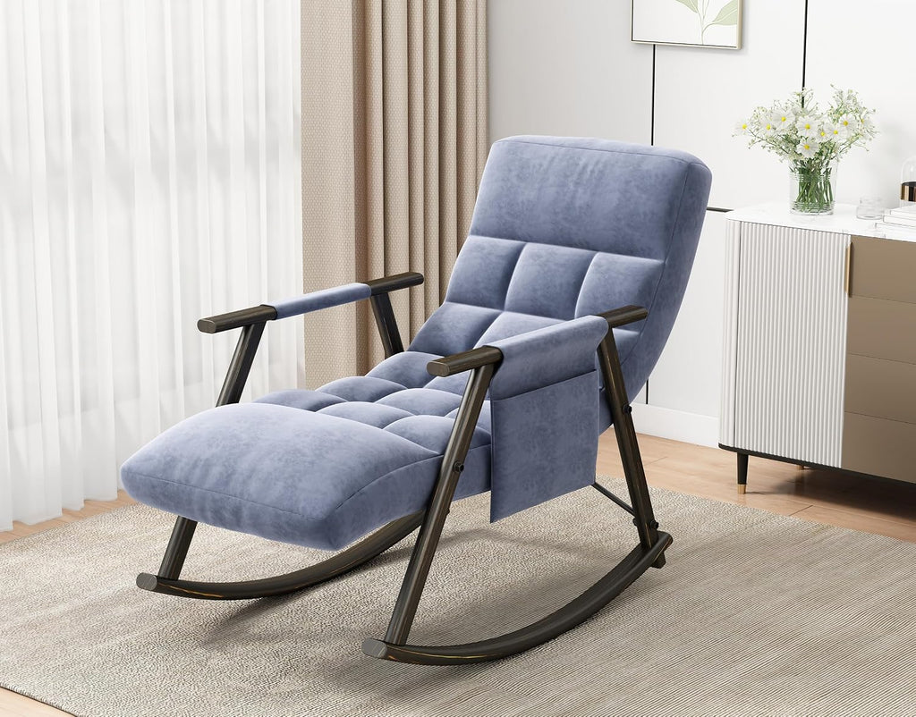 LUMISOL Modern Blue Velvet High Back Recliner Rocking Chair with Adjustable Footrest, Side Pockets, Indoor Use, Adult Size, 42.2'L x 23.3'W x 34.7'H, 300 lbs Capacity