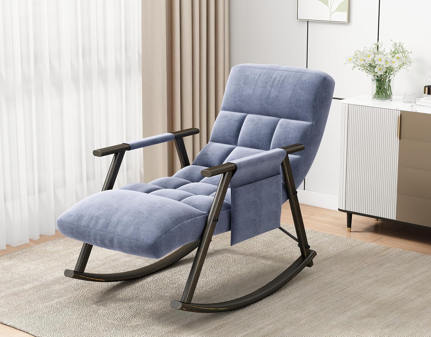 LUMISOL Modern Blue Velvet High Back Recliner Rocking Chair with Adjustable Footrest, Side Pockets, Indoor Use, Adult Size, 42.2'L x 23.3'W x 34.7'H, 300 lbs Capacity