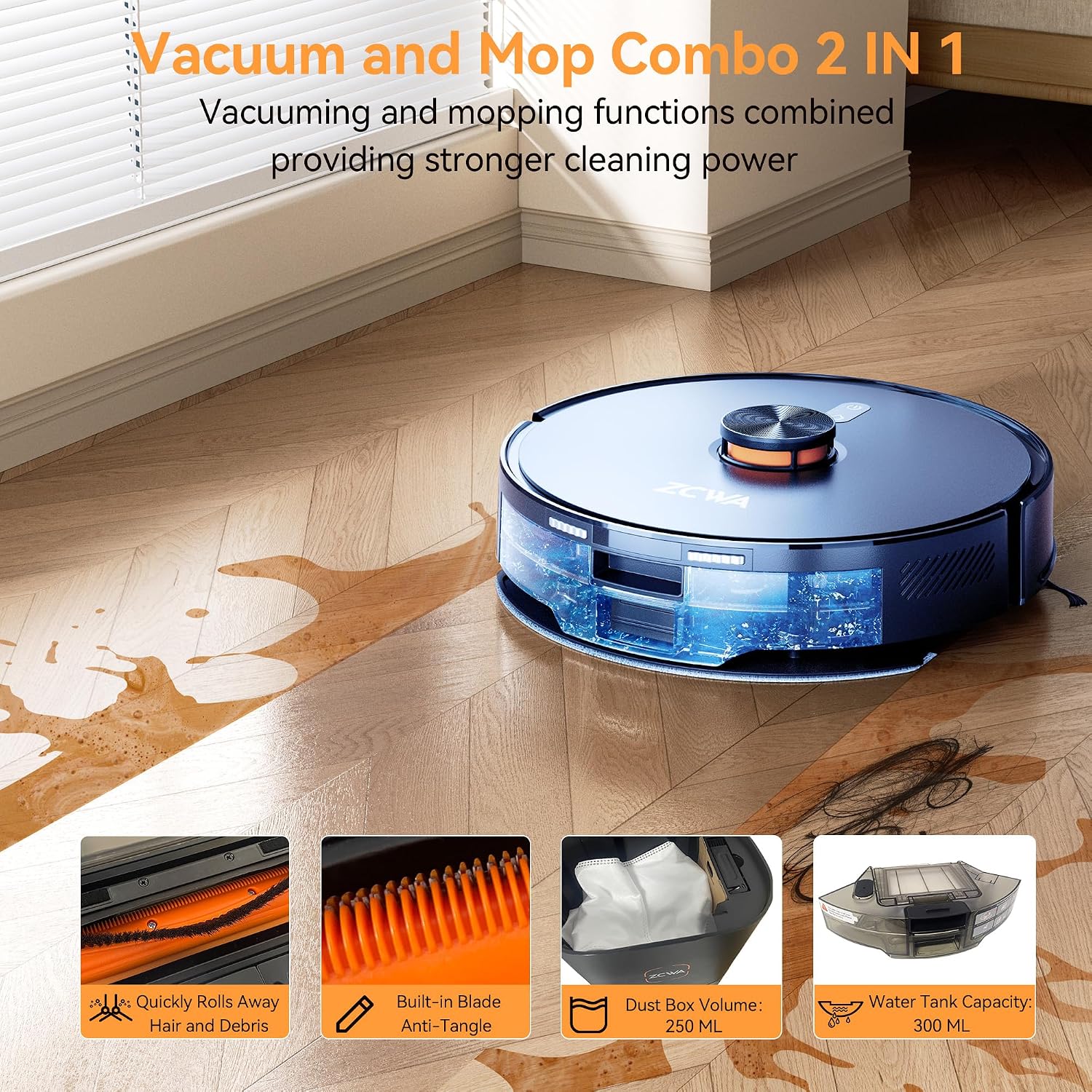 ZCWA Robot Vacuum and Mop Combo, 2 in 1 Mopping Robotic Vacuum with WiFi/App, Robotic Vacuum Cleaner, Schedule Settings, Self-Charging, Ideal for Hard Floor, Pet Hair and Low Pile Carpet