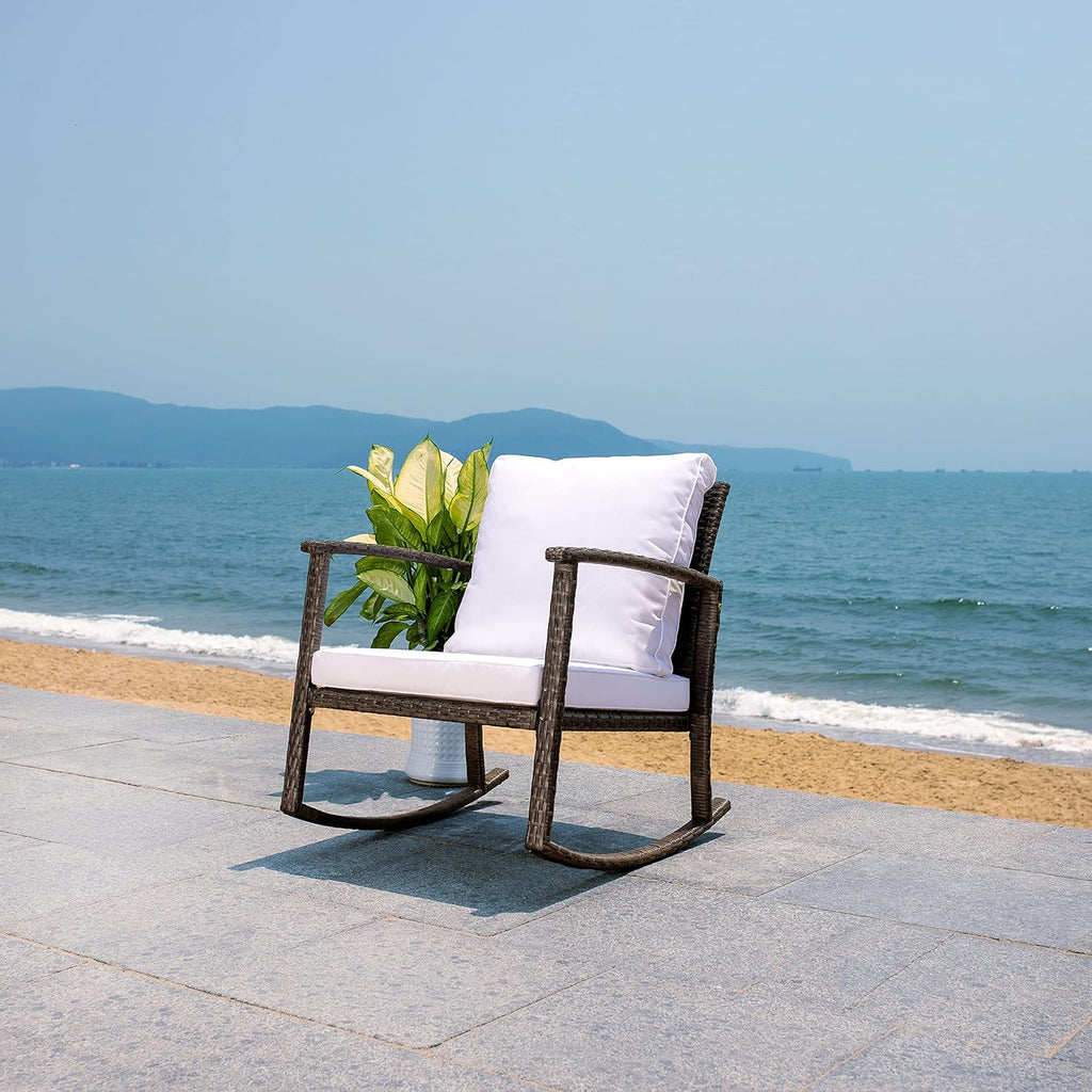 SAFAVIEH Outdoor - Daire Rocking Chair - Grey Brown & White - Steel Frame & Faux Rattan with Cushion - Open-Frame Design - Ideal for Patio, Deck, Porch, Backyard, 14.4' Seat Height (PAT7721C)