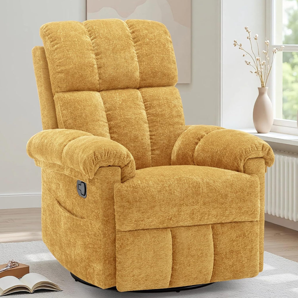Korser Recliner Chair, Swivel Rocker Recliner Chair for Adults, Small Recliners for Small Spaces, Upholstered Manual Recliner with Side Pockets, Nursery Rocking Chair for Living Room, Chenille, Yellow