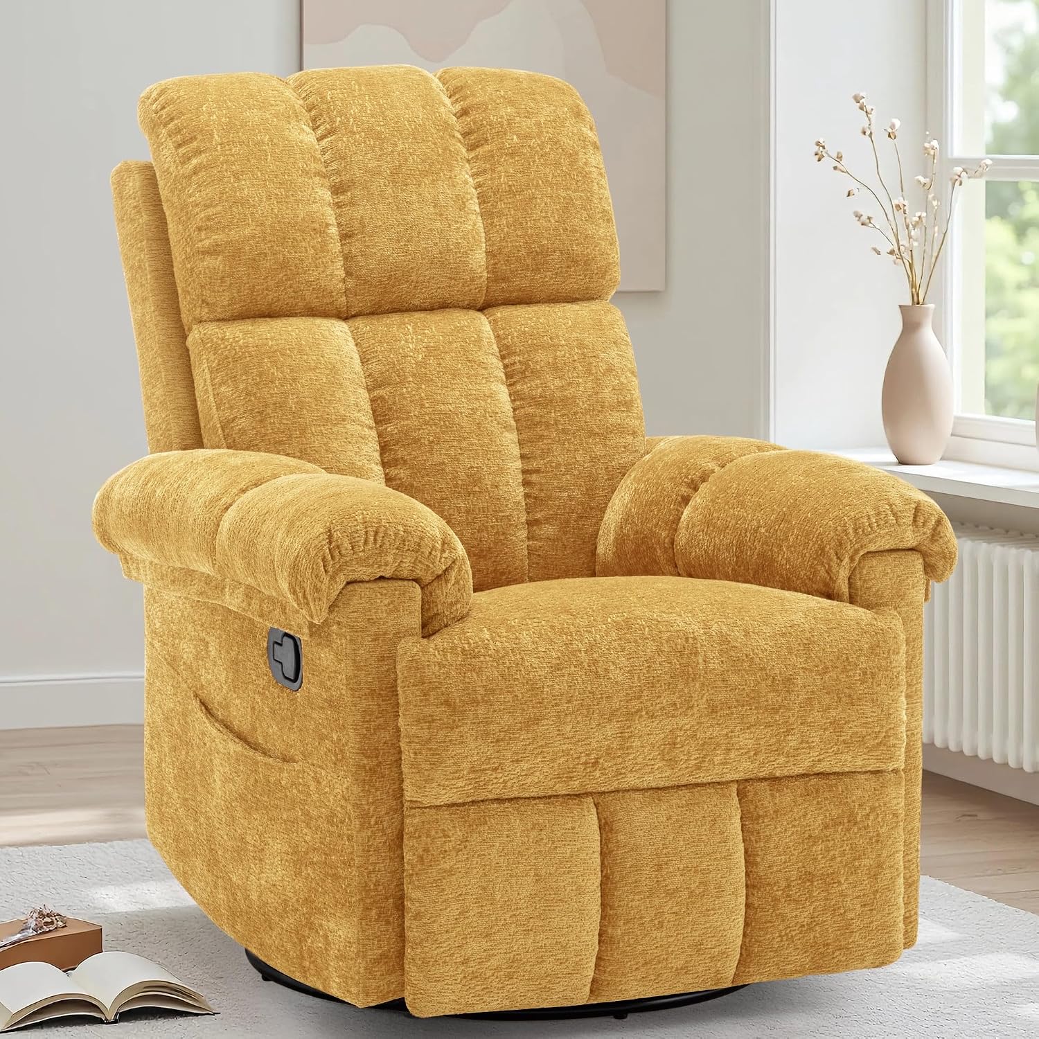 Korser Recliner Chair, Swivel Rocker Recliner Chair for Adults, Small Recliners for Small Spaces, Upholstered Manual Recliner with Side Pockets, Nursery Rocking Chair for Living Room, Chenille, Yellow
