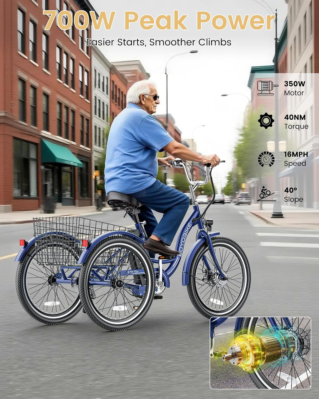 MOONCOOL Electric Tricycle for Adults, 350W 36V Removable Battery, 7 Speeds 3 Wheels Electric Trikes with Large Basket Up to 60Miles