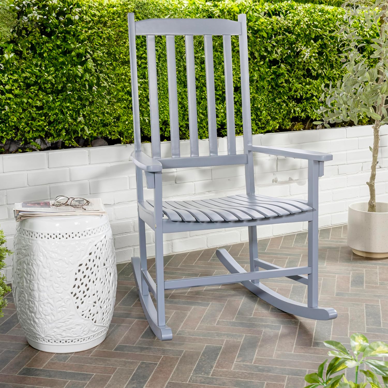 JONATHAN Y RCK300F Seagrove Farmhouse Classic Slat-Back 350-LBS Support Acacia Wood Outdoor Rocking Chair Traditional, Coastal, Cottage, Vintage, Shabby Chic, Cashmere Blue