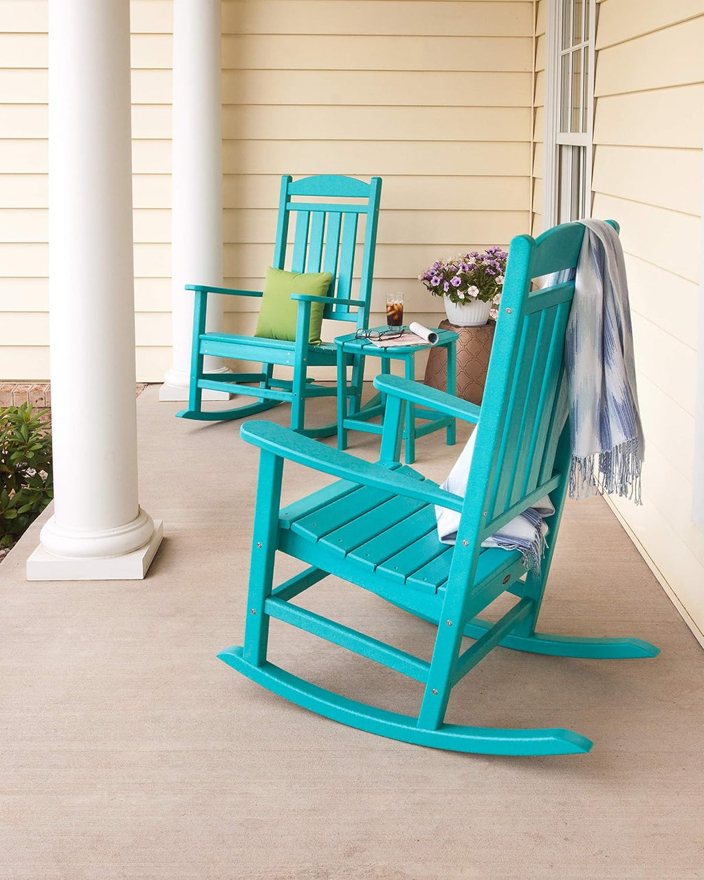 POLYWOOD Presidential 3-Piece Rocking Chair Set, Outdoor Patio Furniture, HDPE All-Weather Rockers with Side Table, Fade-Proof, Black