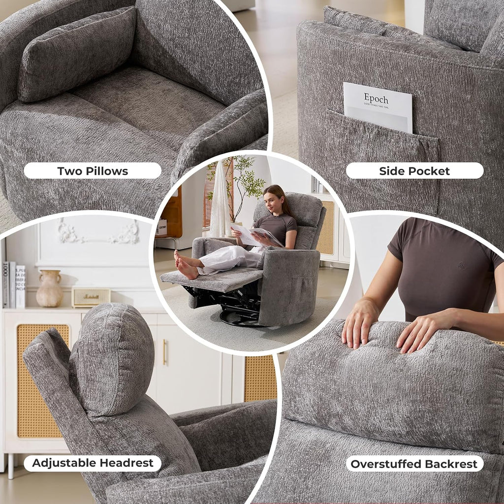 Oversized Swivel Rocker Recliner with Massage and Heat, Swivel Nursery Recliner With Adjustable Headrest, Manual Rocker Recliner Chair with Two Removable Pillows, Rocking Nursery Chair, Dark Grey