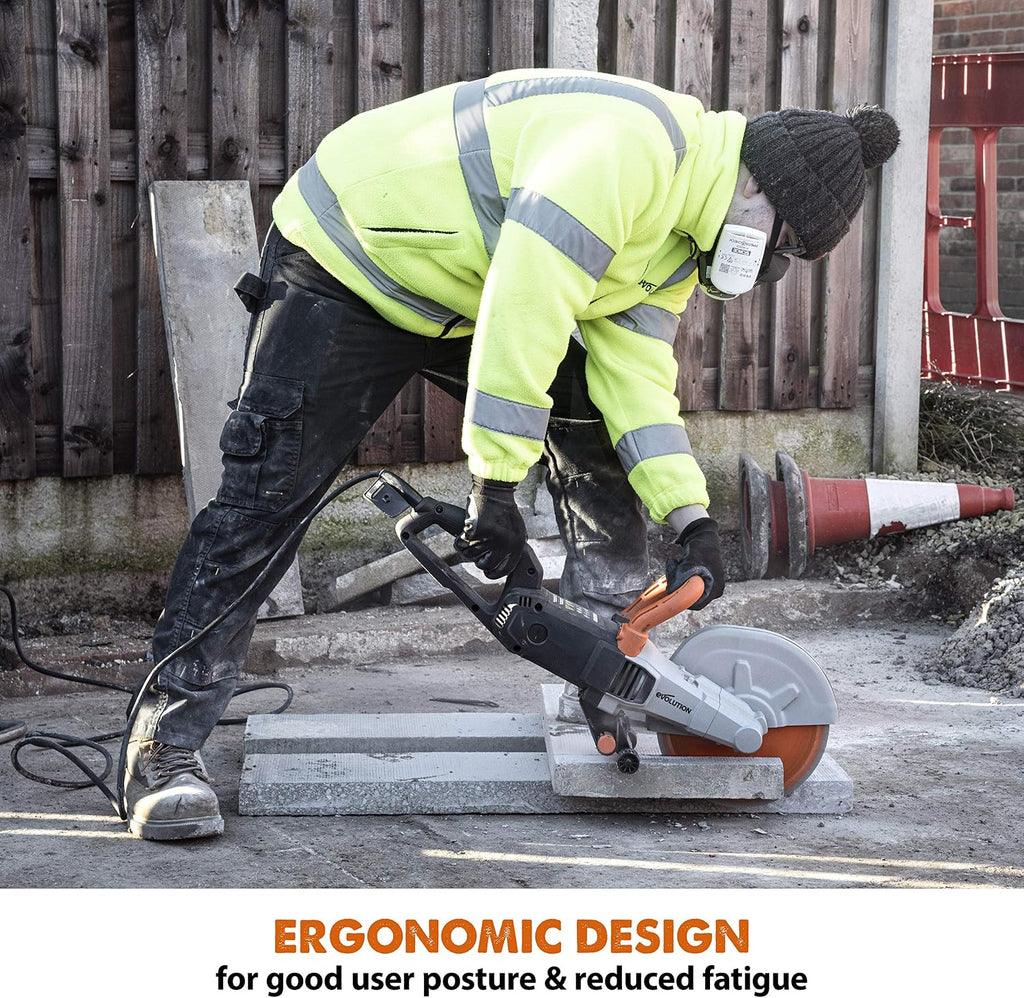 Evolution R255DCT - 10 In Concrete Saw (Aka Circular, Angle Grinder, Chop Saw, Cut Off, Demo, Disc Cutter, Power Cutter) - 15A Motor, No Gas - 4-1/16 In Cut - Incl Premium Diamond Blade