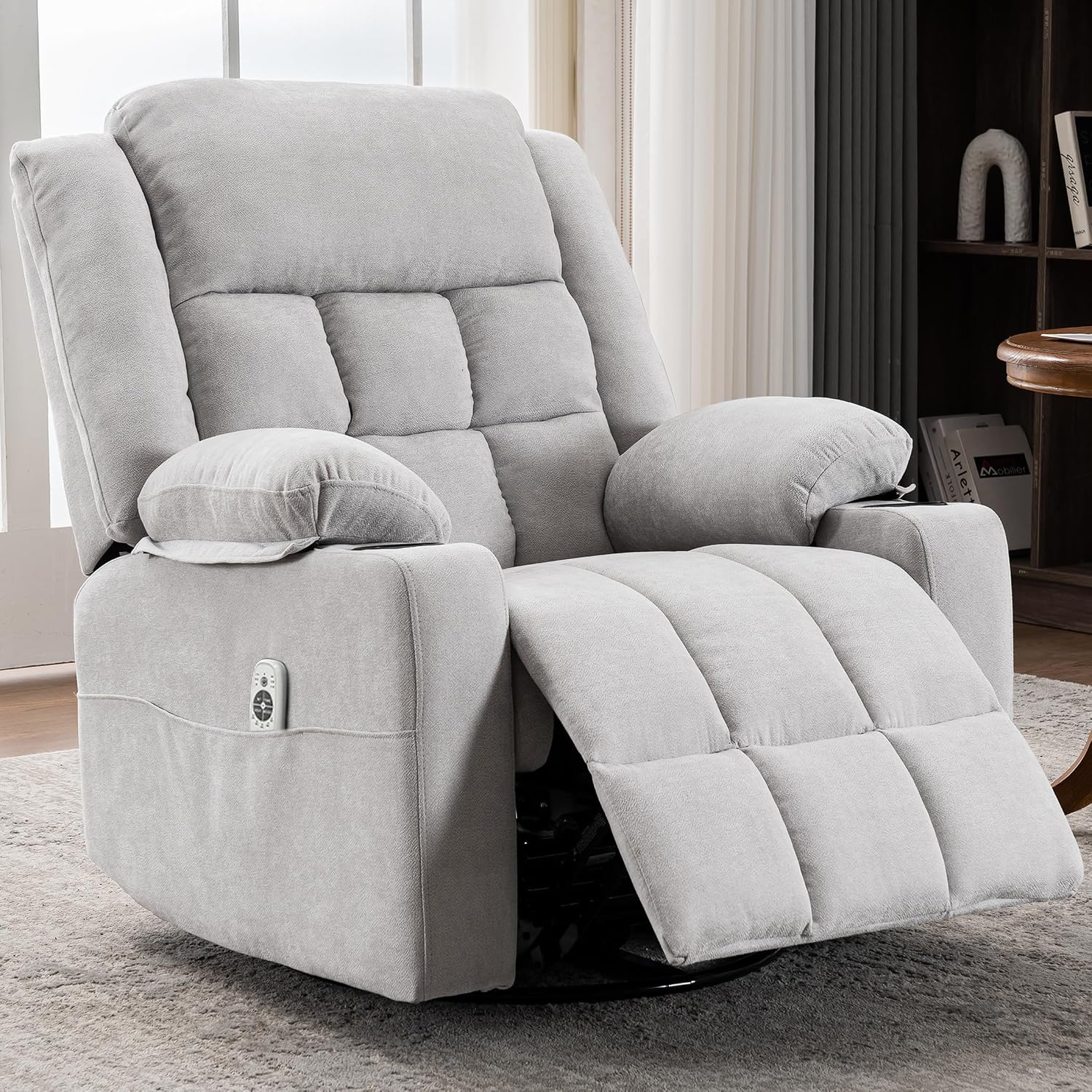 Ketaiyou Power Swivel Rocker Recliner Chair for Adults with Massage and Heat, USB and Type-C Ports, Infinite Position, Electric Glider Reclining Single Sofa Chair for Living Room (Light Grey)