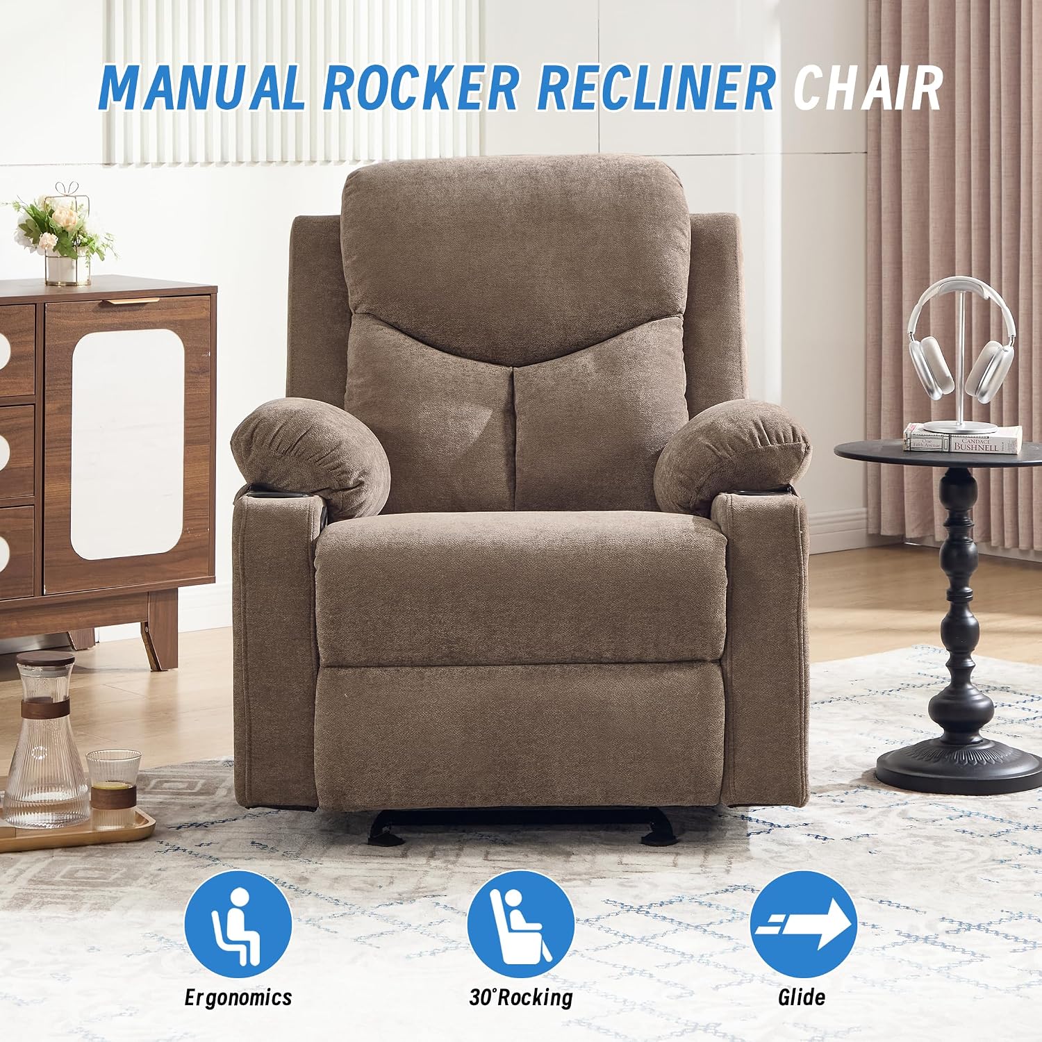 Manual Rocker Recliner Chair for Adults with Vibration Massage,Glider Rocking Recliner for Living Room Bedroom Nursery, Overstuffed Reclining Sofa Chair with Pockets and Cup Holds,Coffee
