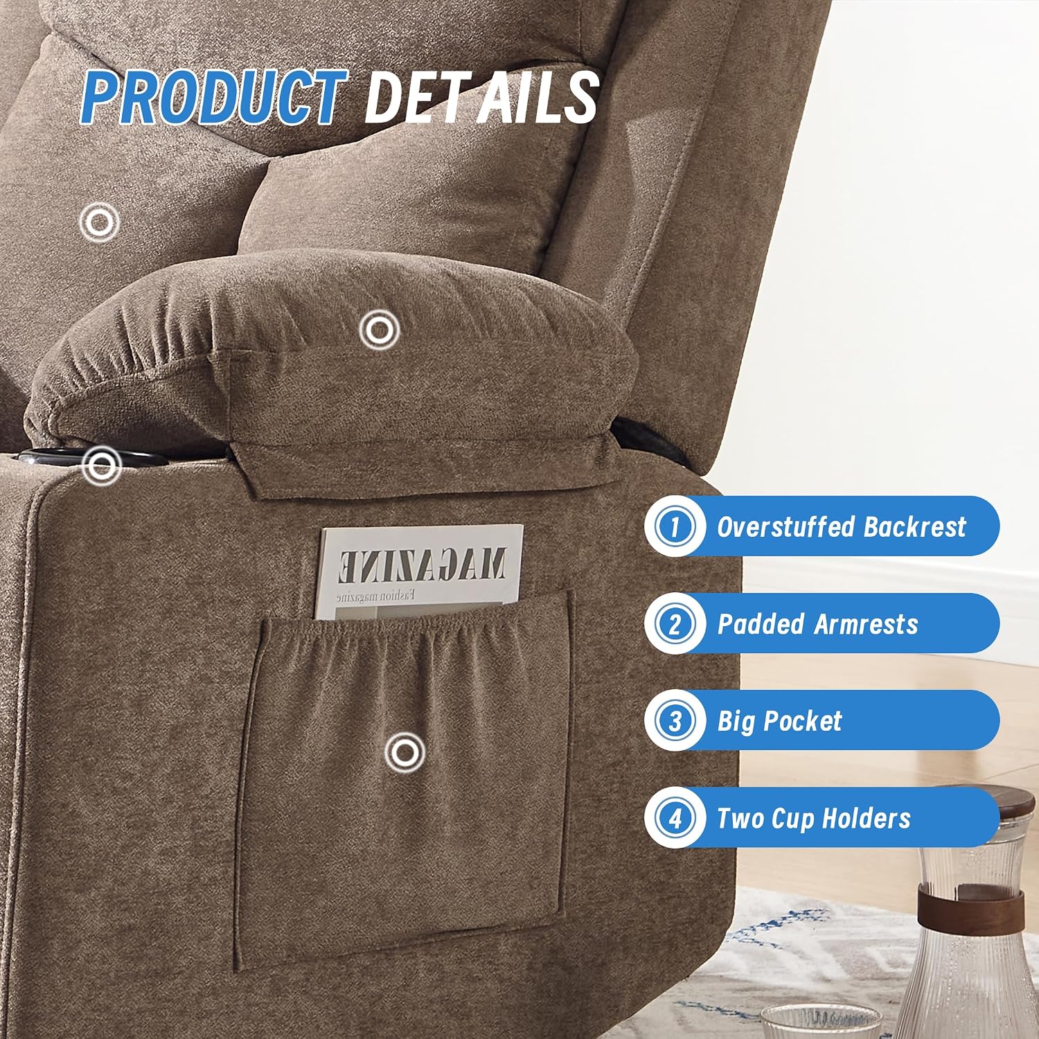 Manual Rocker Recliner Chair for Adults with Vibration Massage,Glider Rocking Recliner for Living Room Bedroom Nursery, Overstuffed Reclining Sofa Chair with Pockets and Cup Holds,Coffee