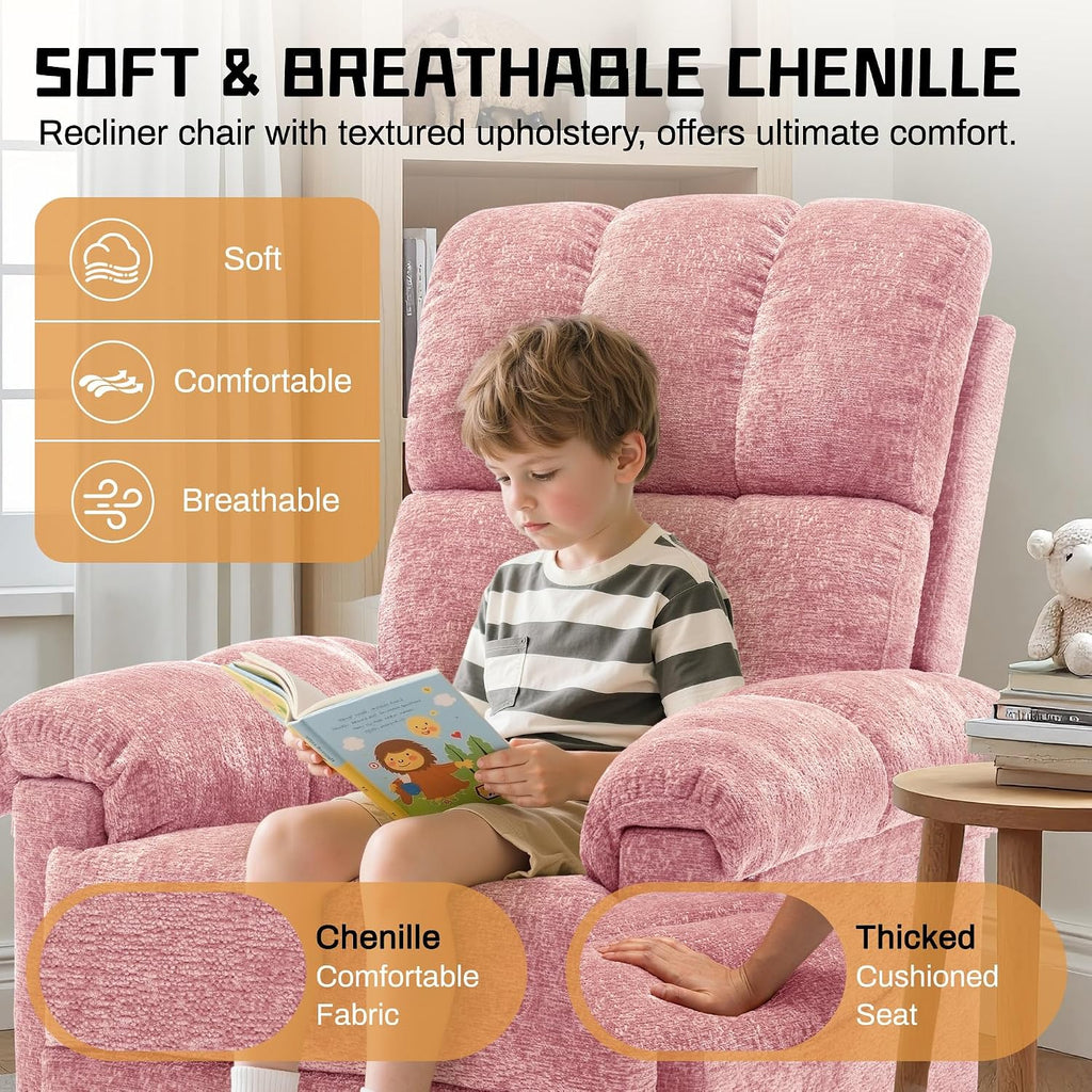 Korser Recliner Chair, Swivel Rocker Recliner Chair for Adults, Small Recliners for Small Spaces, Manual Recliner Chair with Side Pockets, Nursery Rocking Chair for Living Room, Chenille, Rose Pink