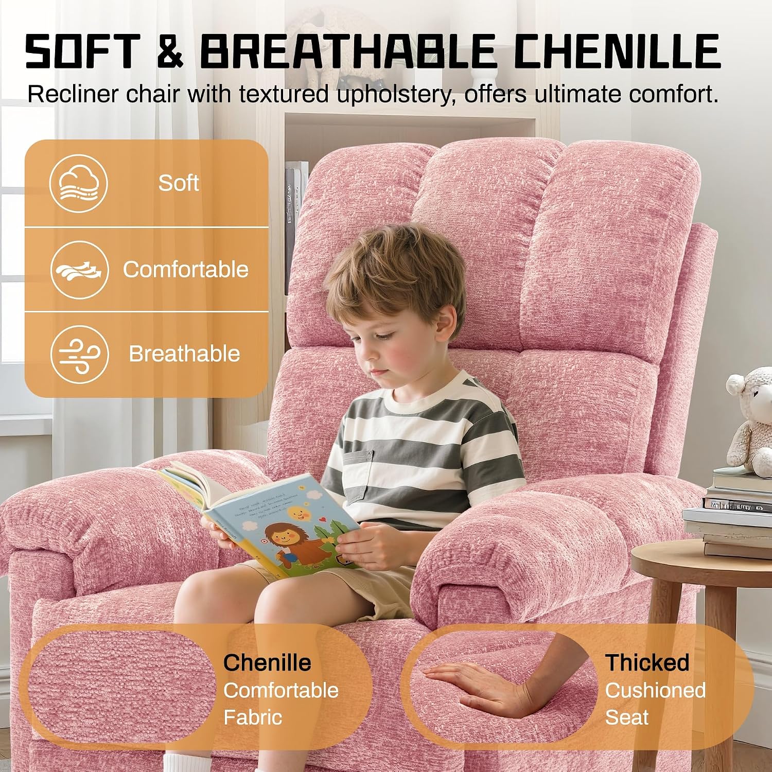 Korser Recliner Chair, Swivel Rocker Recliner Chair for Adults, Small Recliners for Small Spaces, Manual Recliner Chair with Side Pockets, Nursery Rocking Chair for Living Room, Chenille, Rose Pink