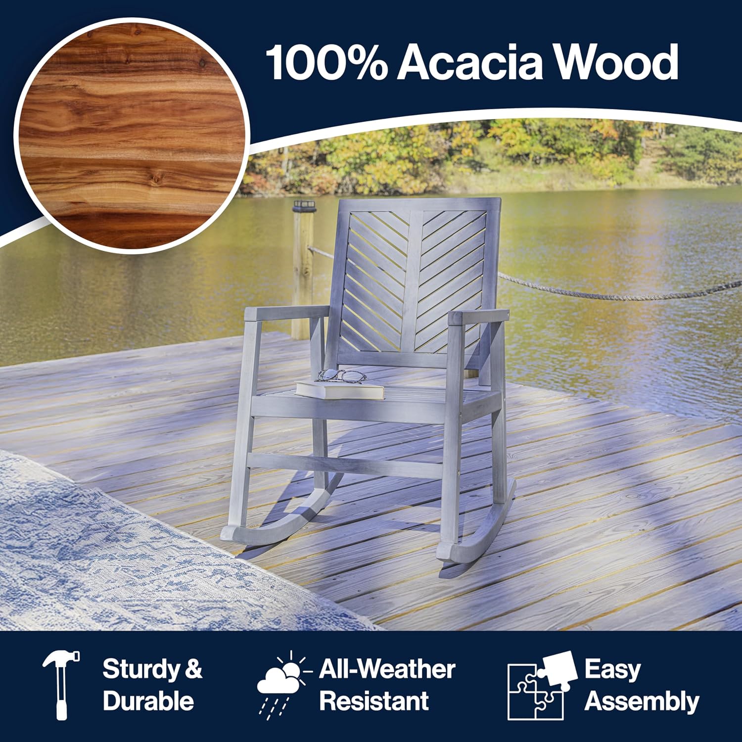 JONATHAN Y RCK100B Ned Modern Chevron-Back 300-Lbs Support Acacia Wood Patio Outdoor Rocking Chair for Garden, Lawn, Backyard, Pool, Deck, Beach, Firepit, Gray