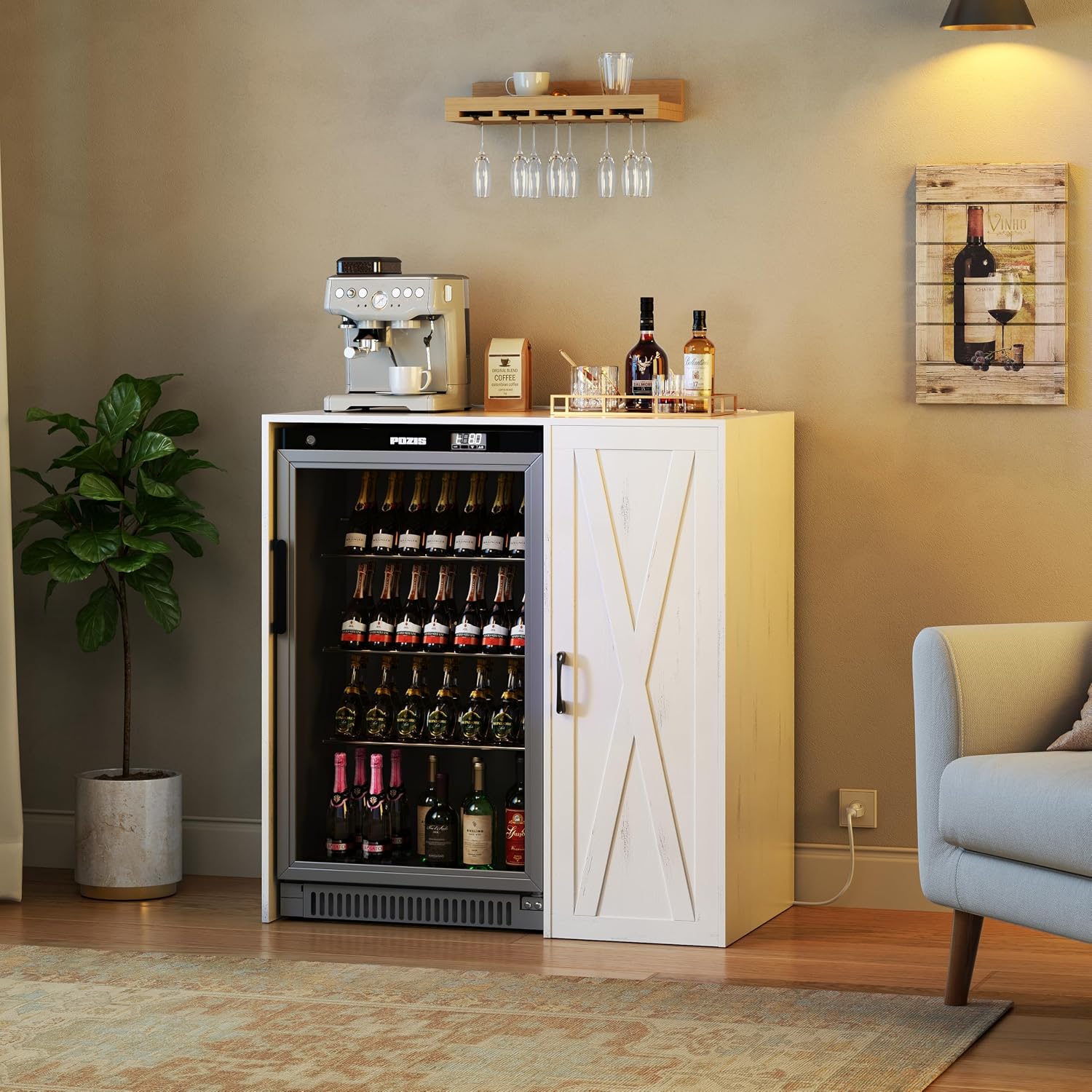 Herture Mini Fridge Cabinet with Storage,Coffee Bar Cabinet with Mini Fridge Space & Power Outlet,Fits 24' Fridge,Home Bar Wine Cabinet for Home,Kitchen,Office & Dorm Vintage White KH01MRE