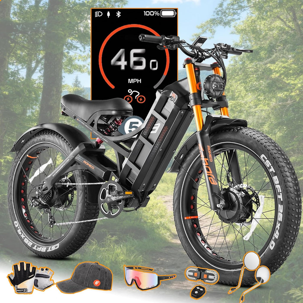 2026 eAhora Romeo Pro 3 Electric Bike for Adult, Peak 5600W Dual Motor, 50mph, 60V 80Ah Battery, 250 Miles Long Range, 26'*4.0 Fat Tire, Air Suspension, App, Commute, Delivery, All-terrian
