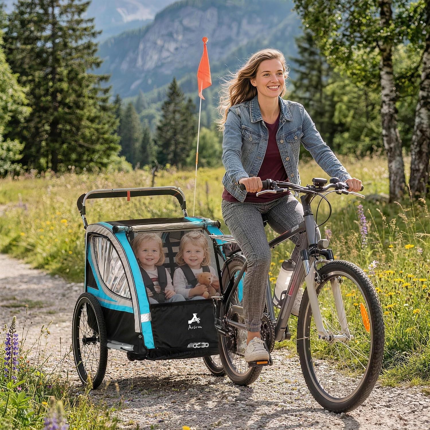 Aosom 3-in-1 Walk/Jog/Ride Child Baby Bike Trailer for Kids 2 Seater, High-Visibility Bike Stroller for Toddler Wagon, Weather-Strong Double Bicycle Trailer Accessory