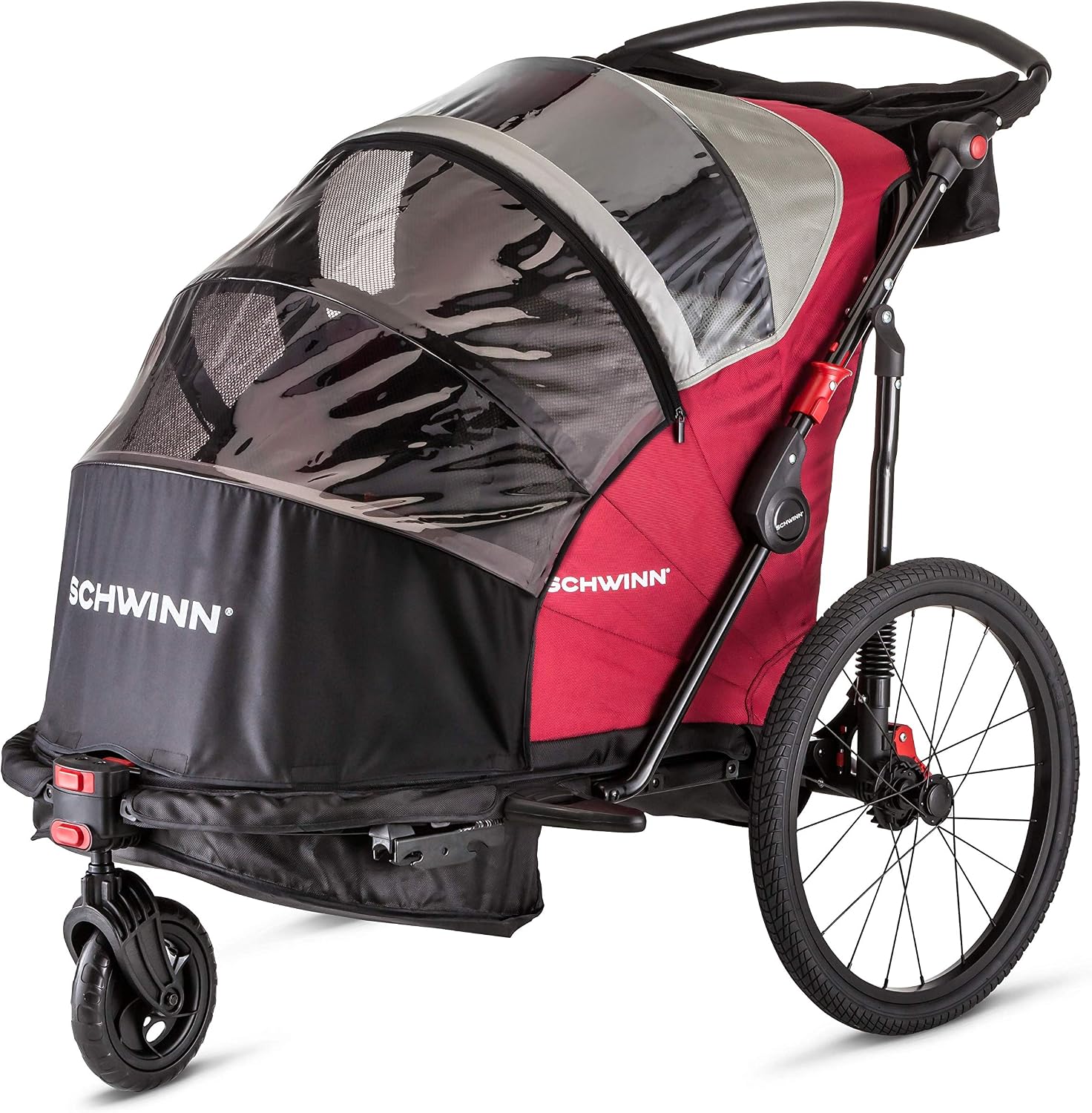Schwinn Joyrider Deluxe Double Child Bike Trailer Stroller Combo, Max of 2 Children with Total Weight of 80 lbs., Canopy, 20-Inch Air-Filled Tires, Red